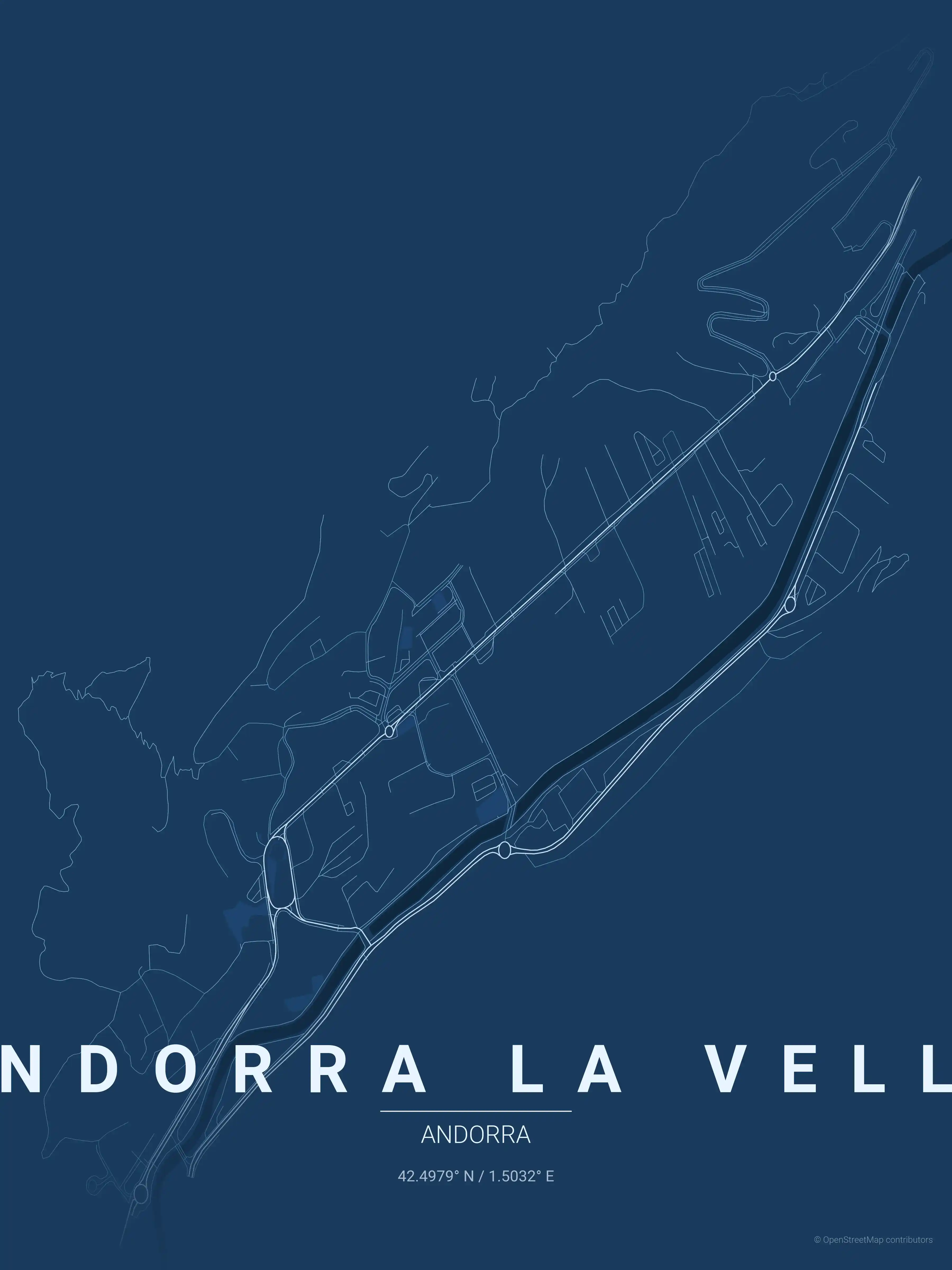 Minimalist blueprint street map of Andorra la Vella, Andorra - Urban grid art