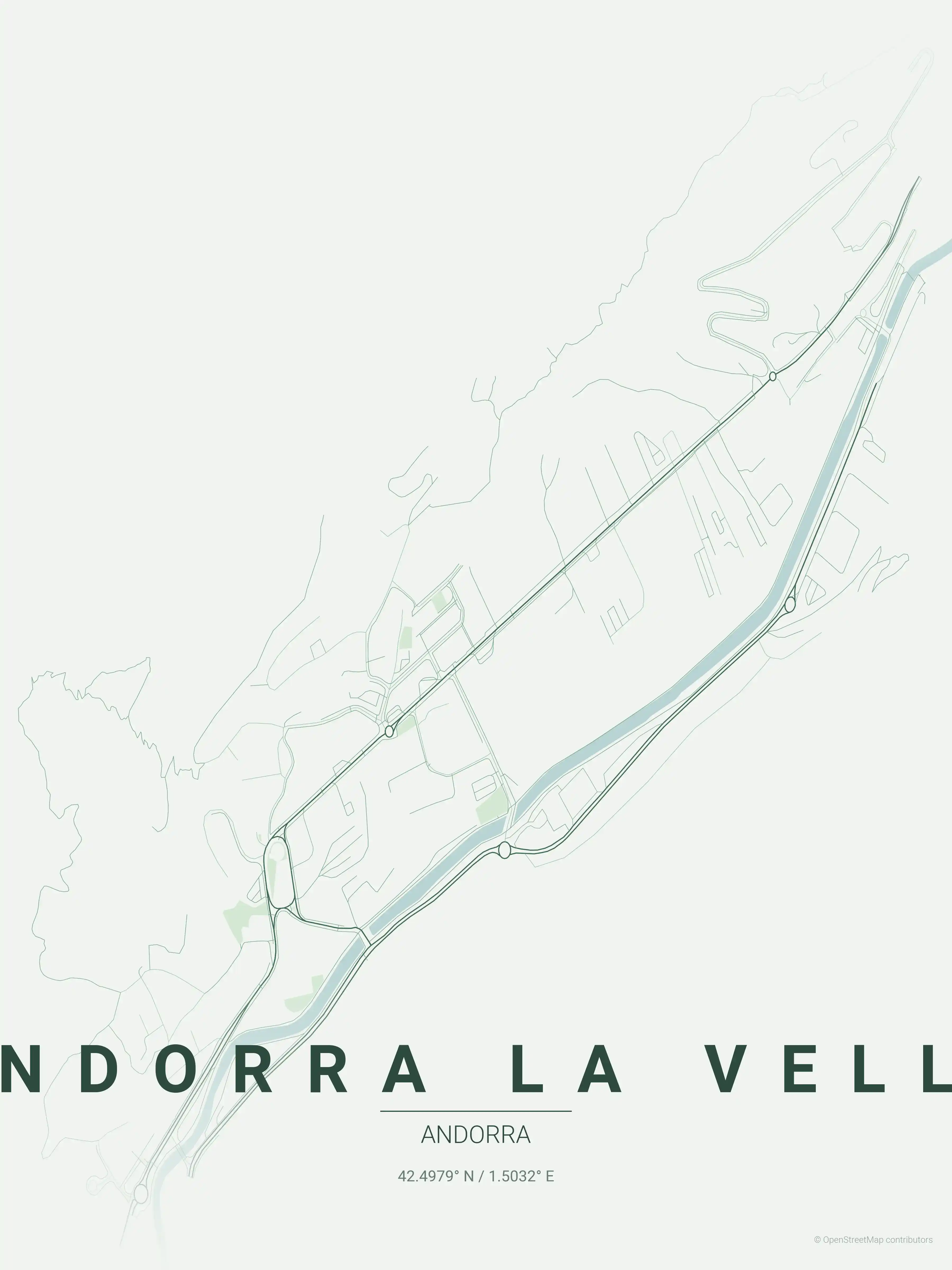 Minimalist forest street map of Andorra la Vella, Andorra - Urban grid art