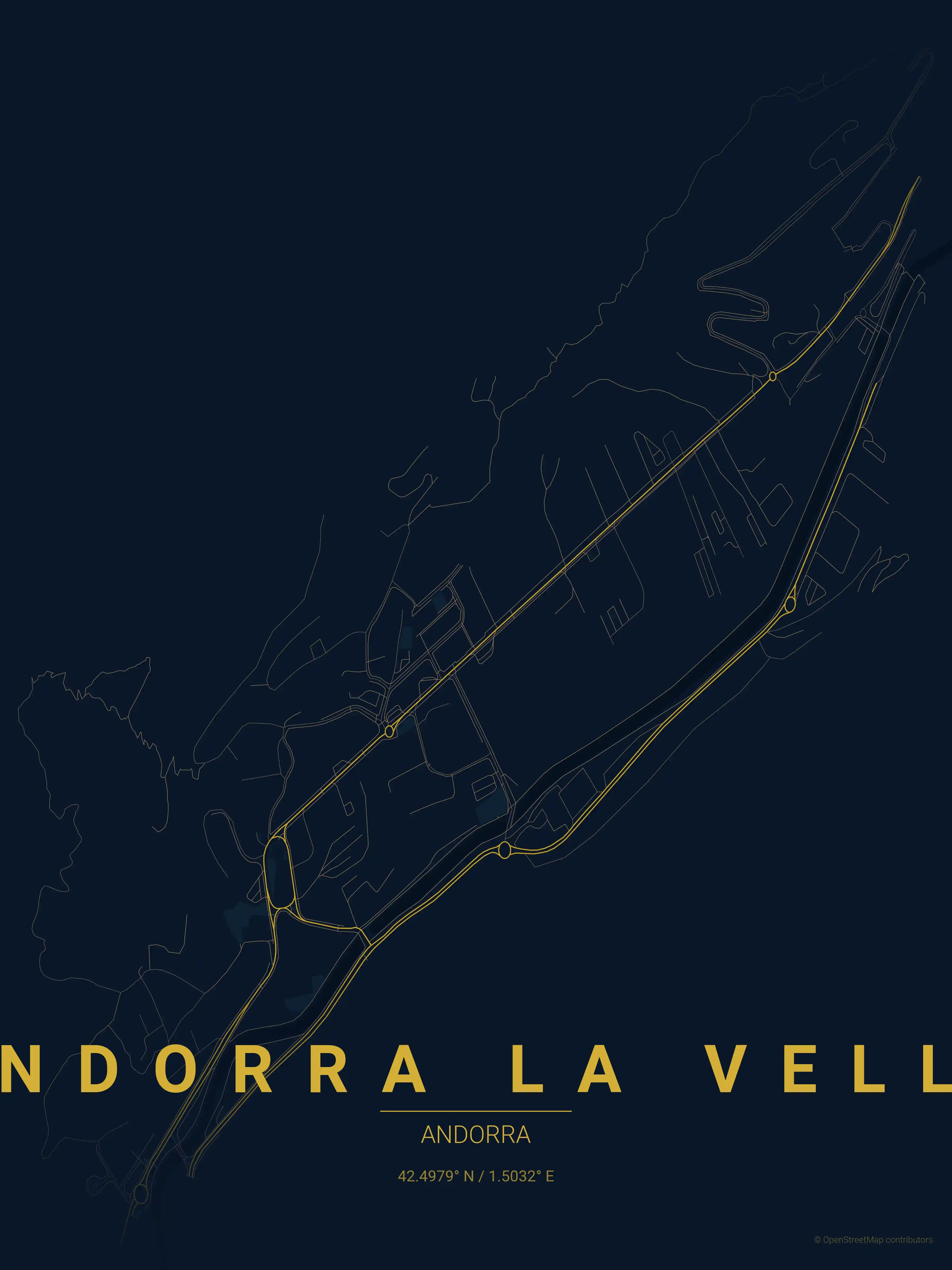 Minimalist midnight_blue street map of Andorra la Vella, Andorra - Urban grid art