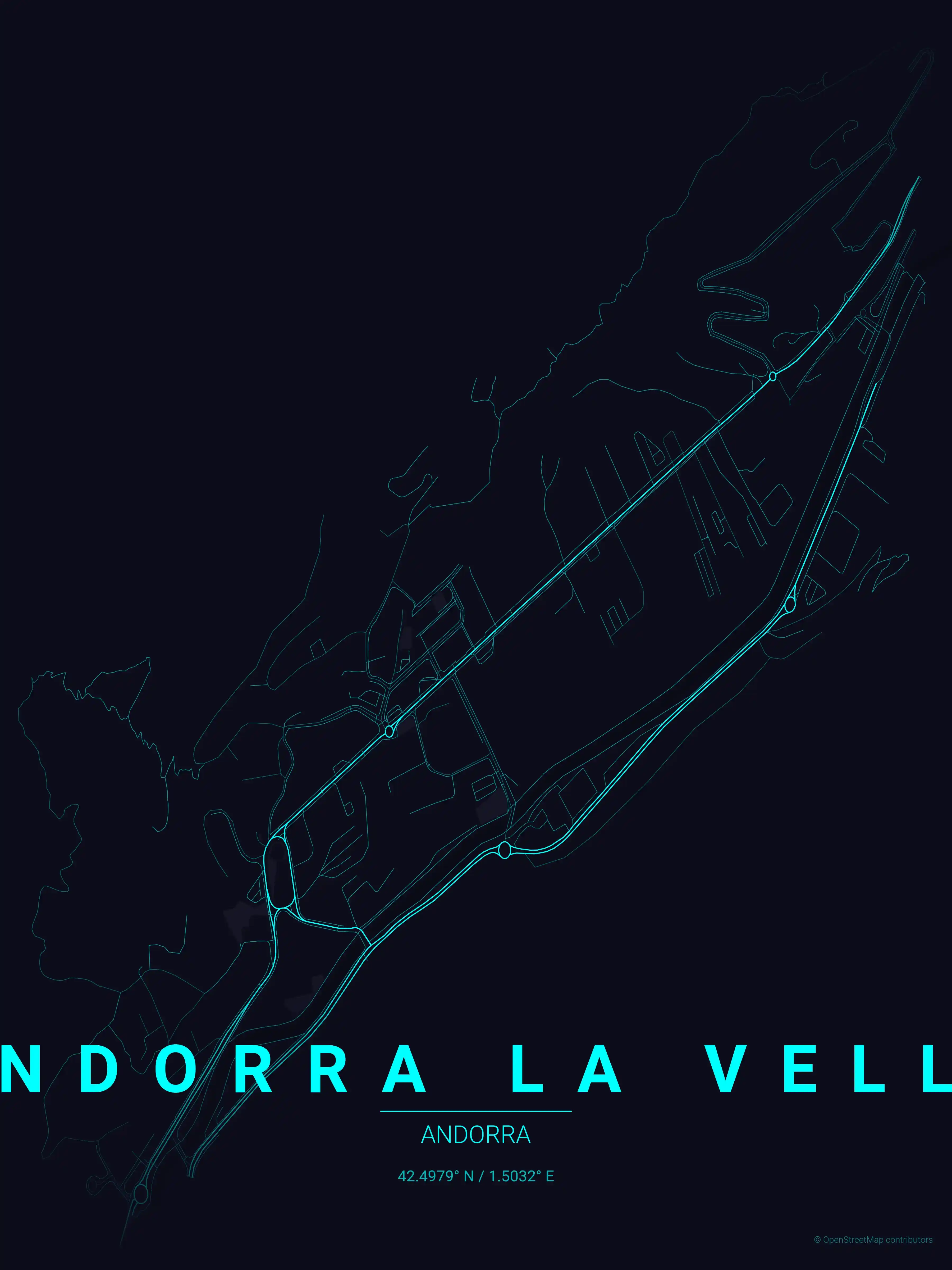 Minimalist neon_cyberpunk street map of Andorra la Vella, Andorra - Urban grid art