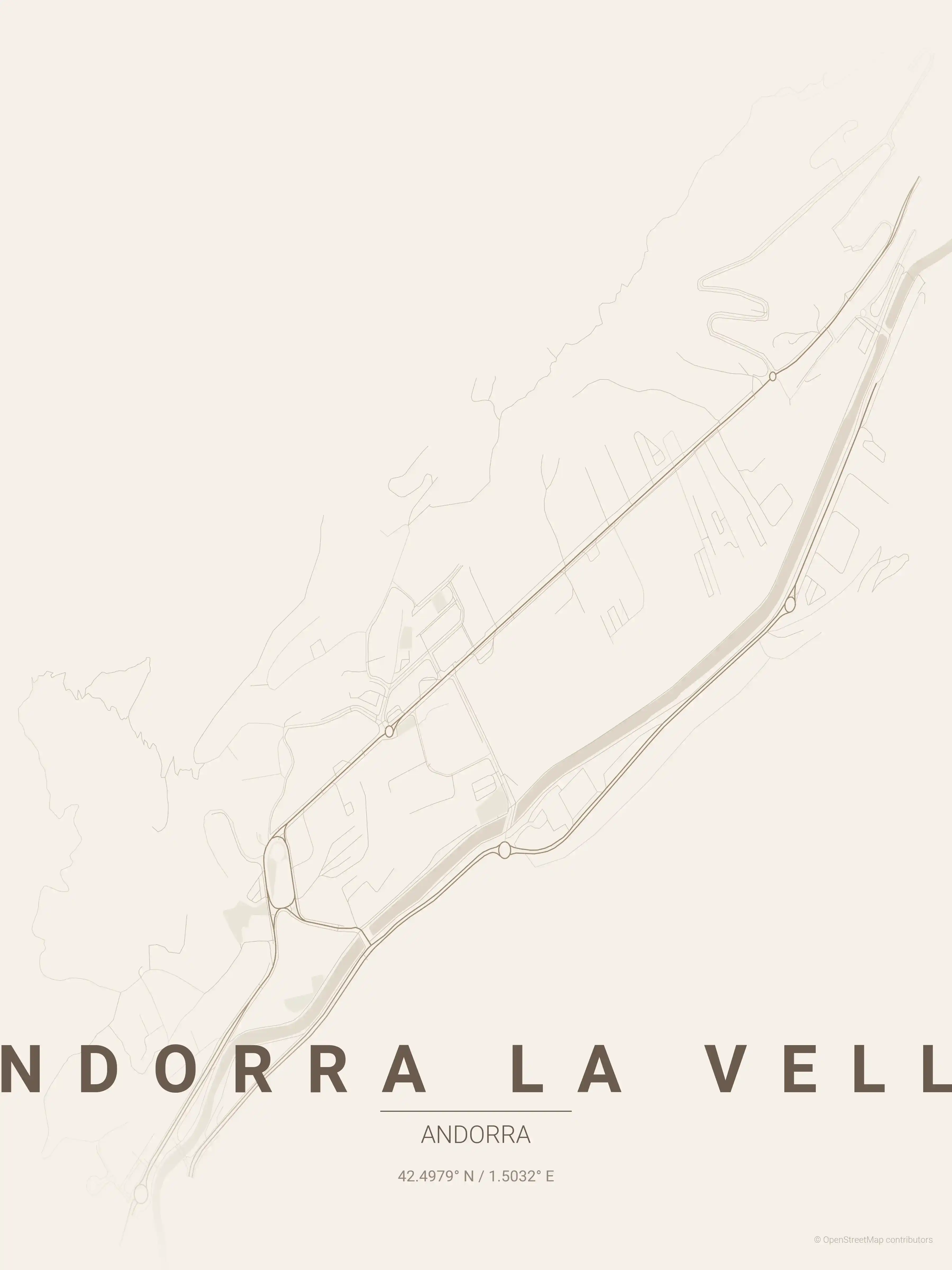 Minimalist warm_beige street map of Andorra la Vella, Andorra - Urban grid art