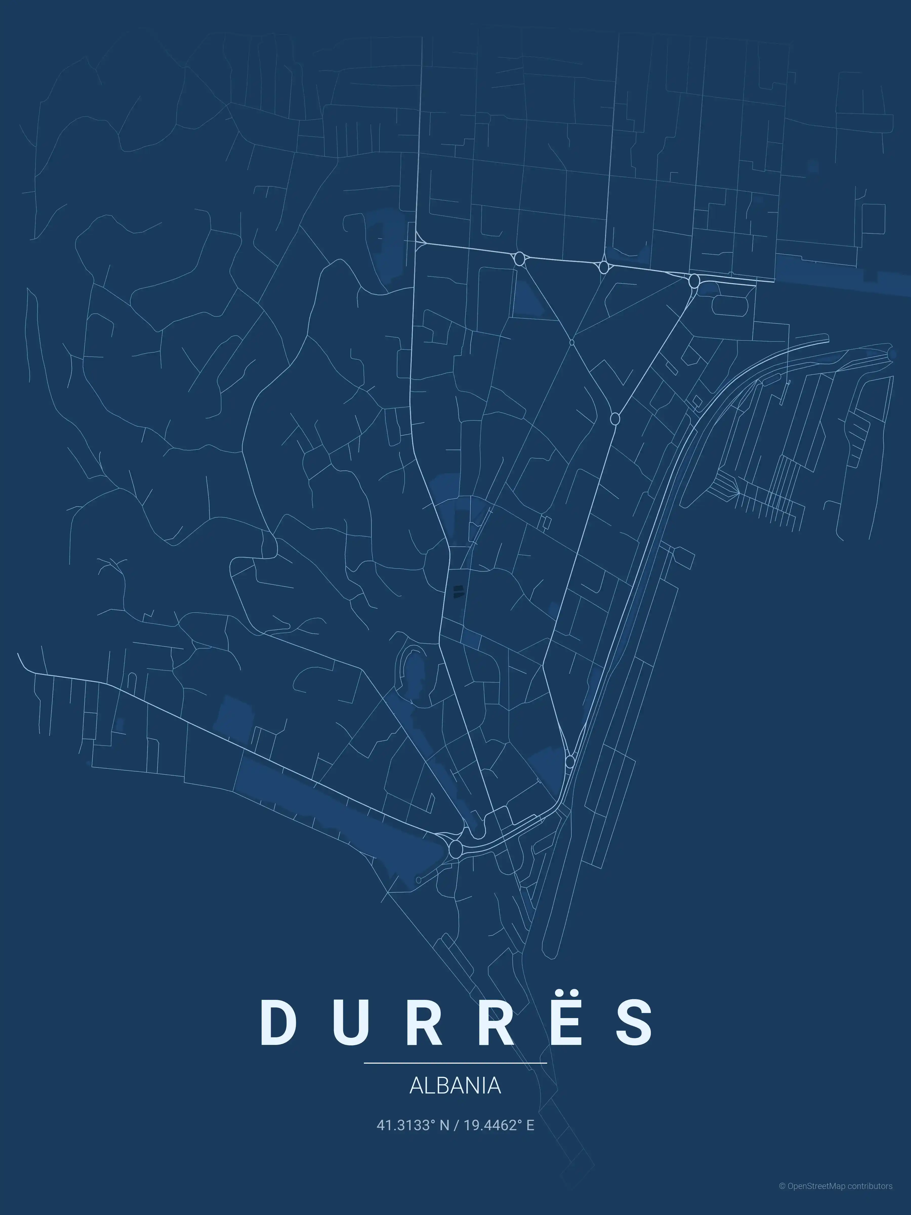 Minimalist blueprint street map of Durrës, Albania - Urban grid art