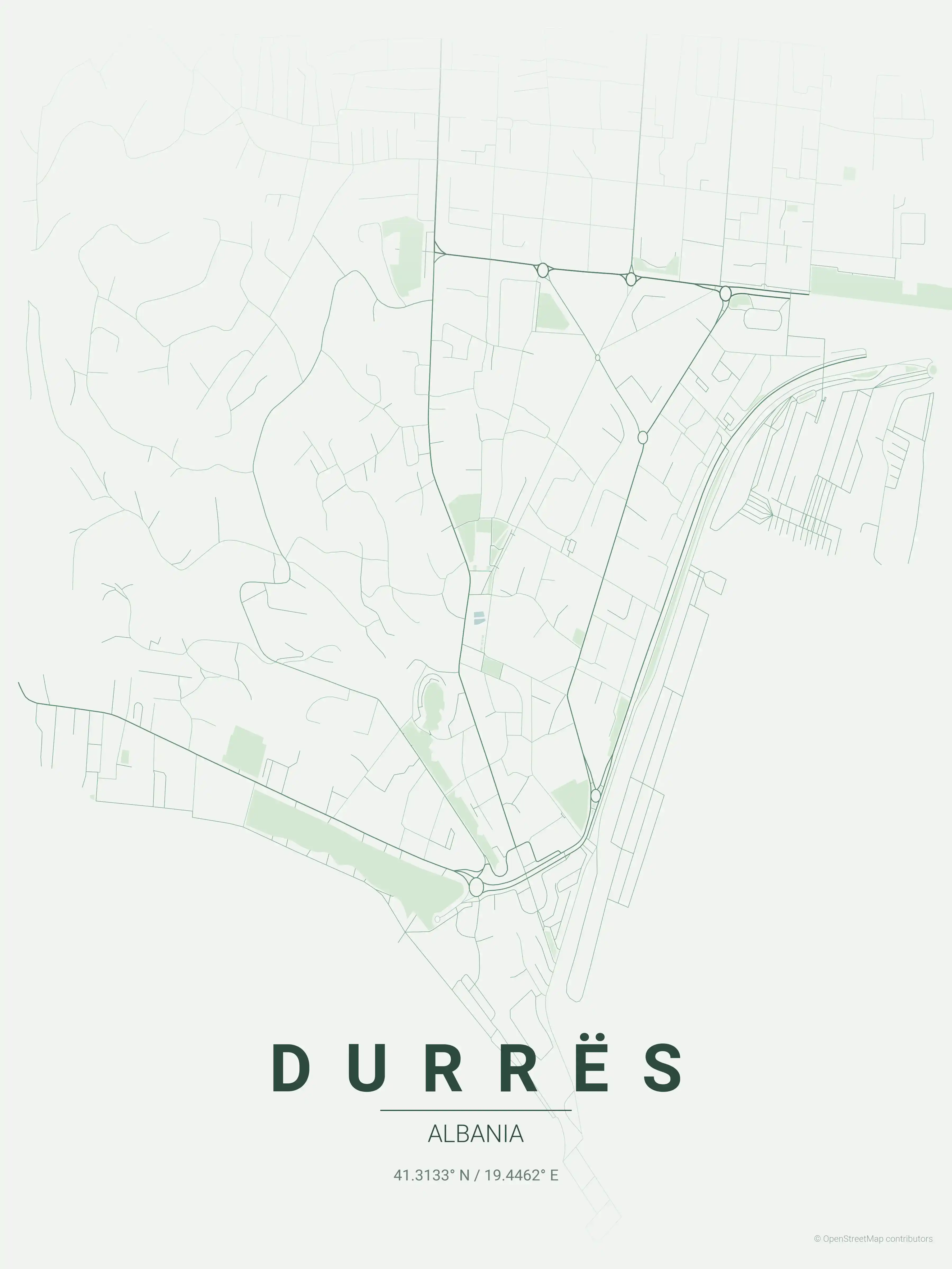 Minimalist forest street map of Durrës, Albania - Urban grid art