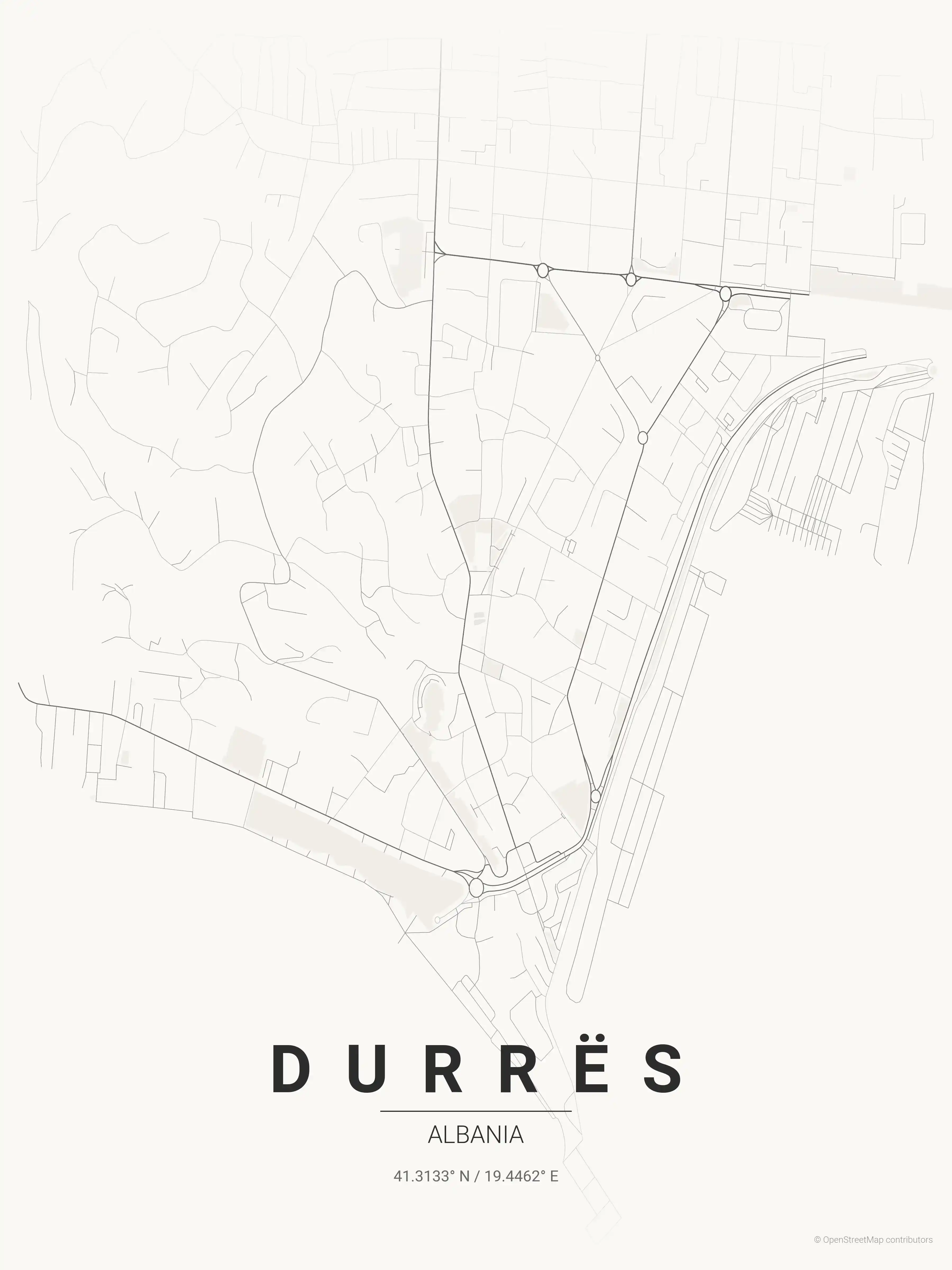 Minimalist japanese_ink street map of Durrës, Albania - Urban grid art