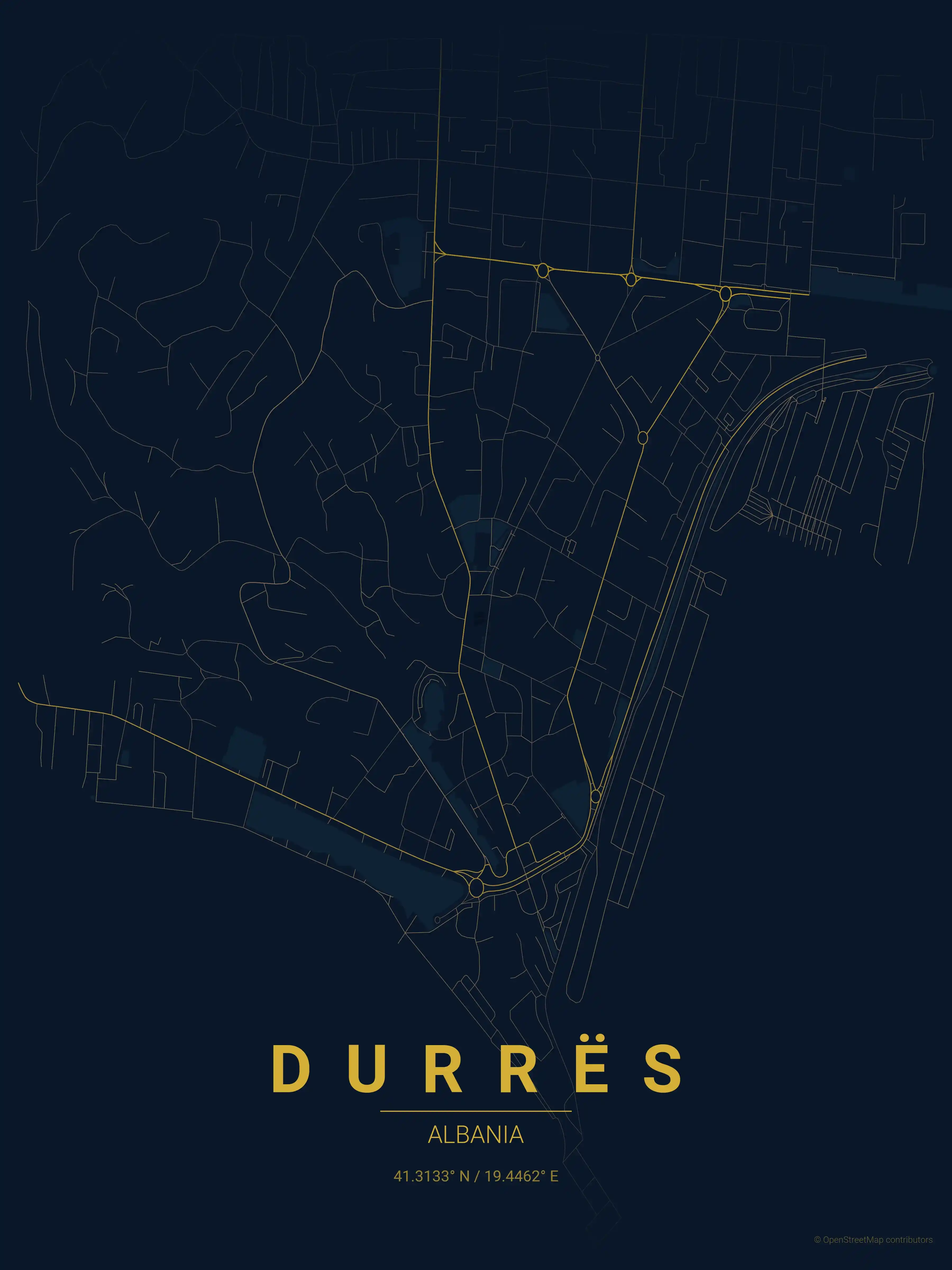 Minimalist midnight_blue street map of Durrës, Albania - Urban grid art