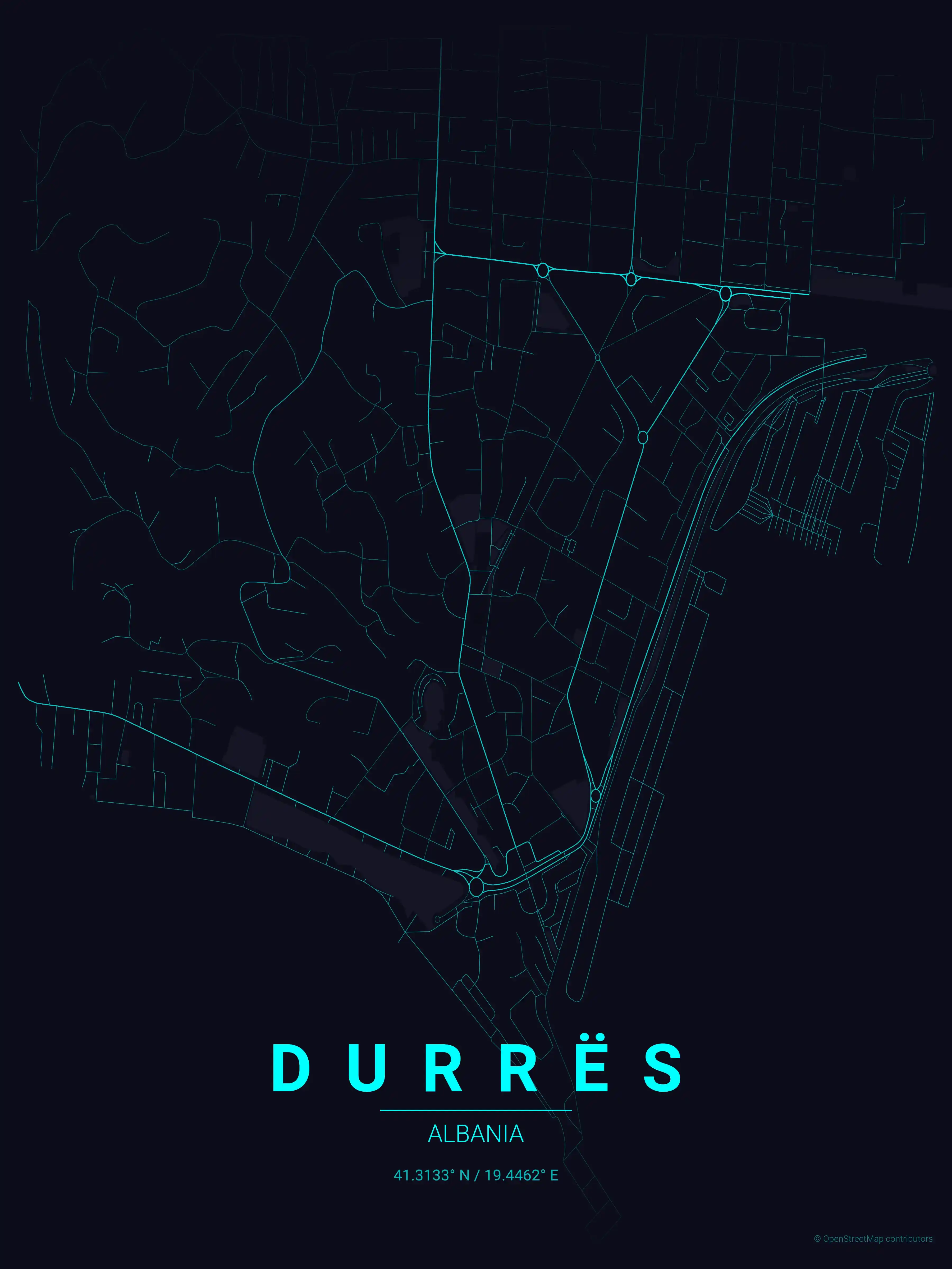 Minimalist neon_cyberpunk street map of Durrës, Albania - Urban grid art