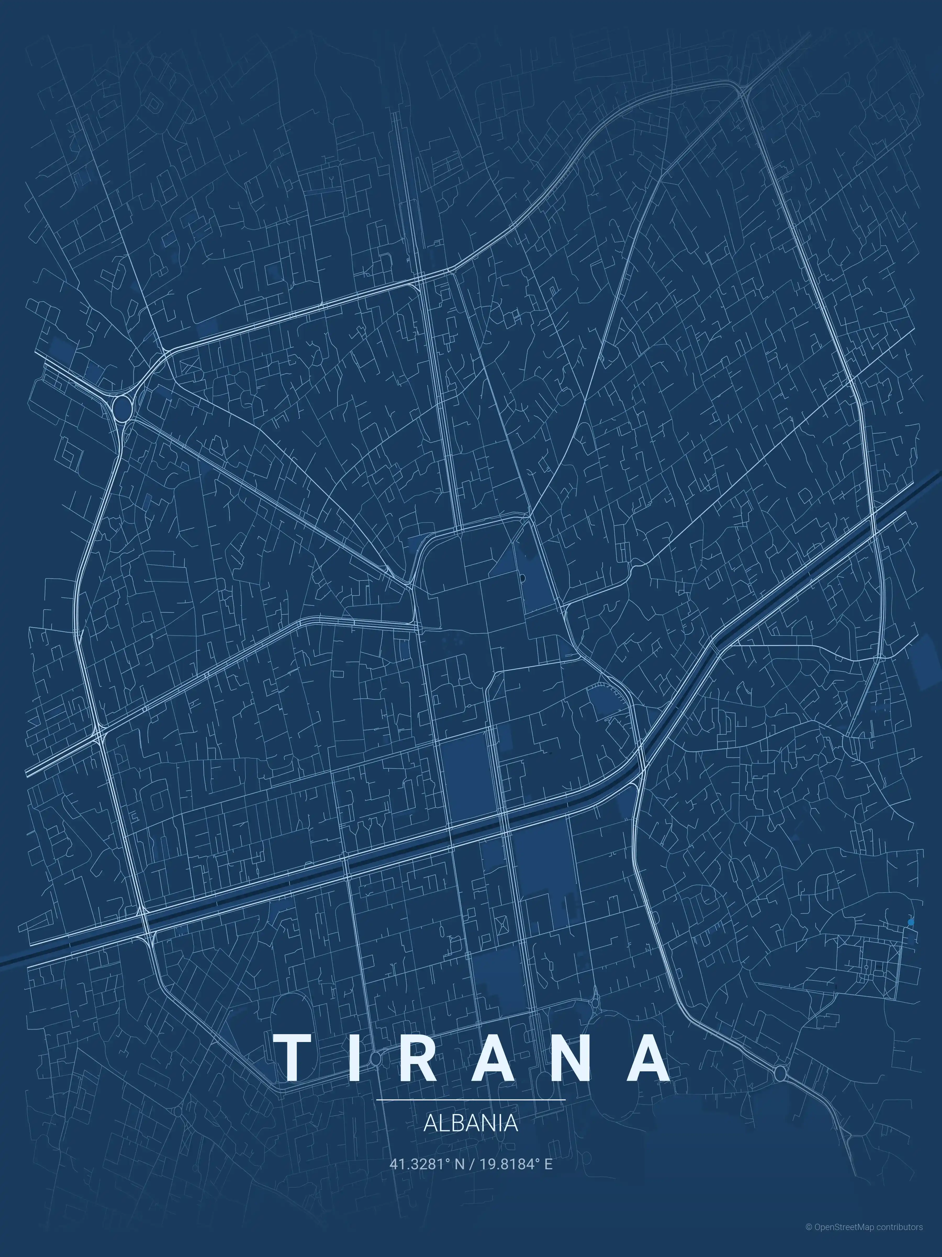 Minimalist blueprint street map of Tirana, Albania - Urban grid art