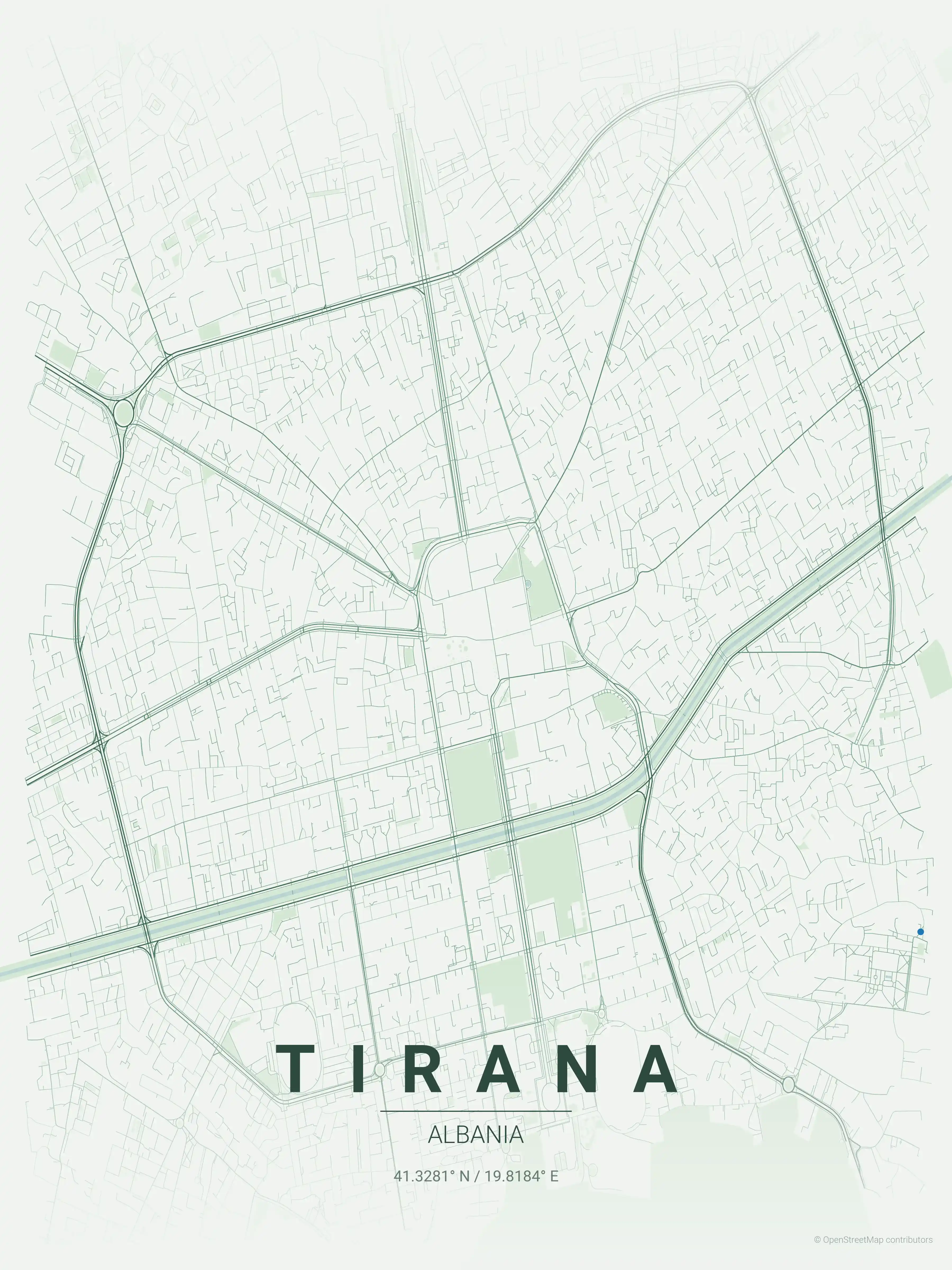 Minimalist forest street map of Tirana, Albania - Urban grid art