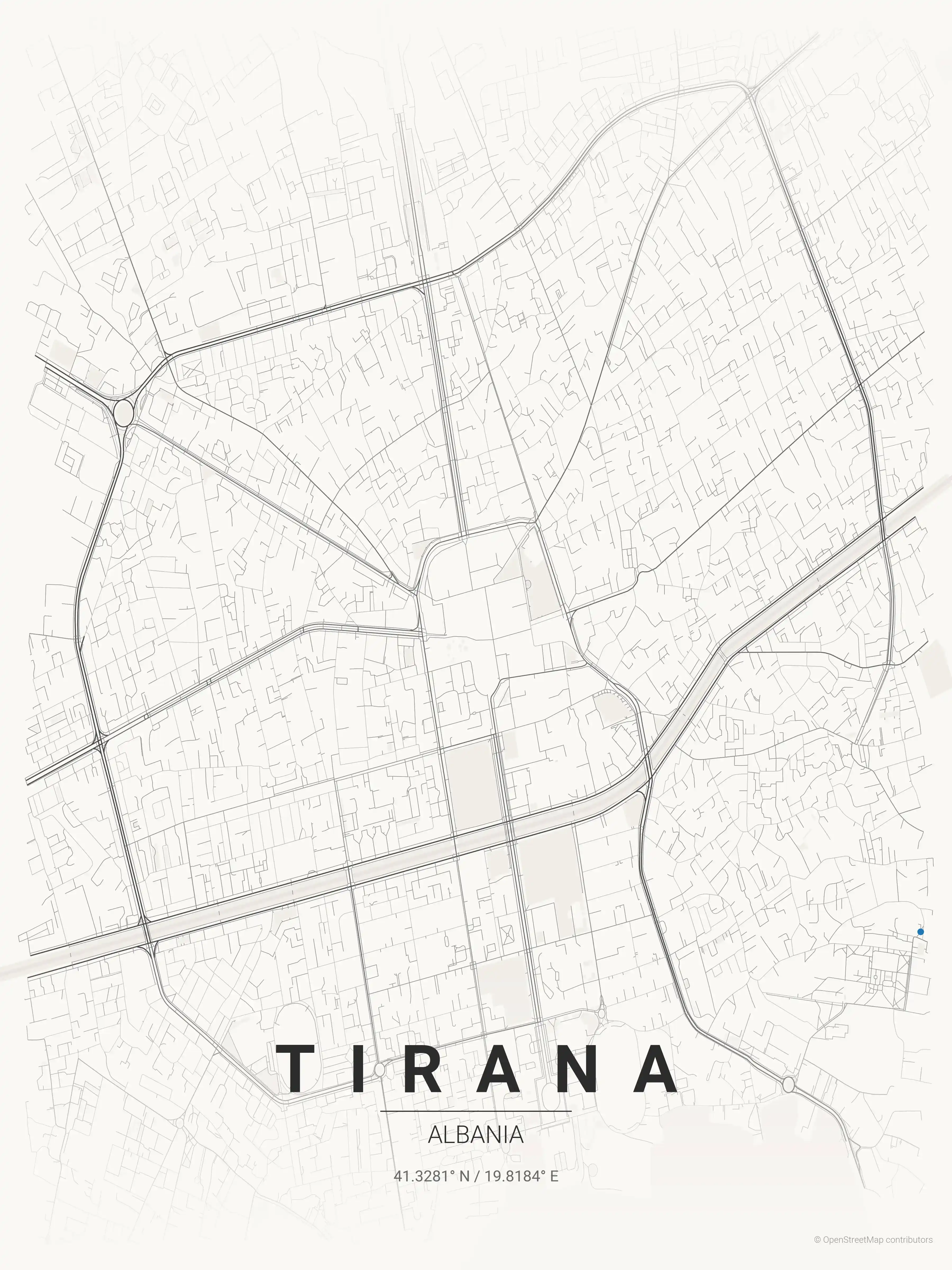 Minimalist japanese_ink street map of Tirana, Albania - Urban grid art