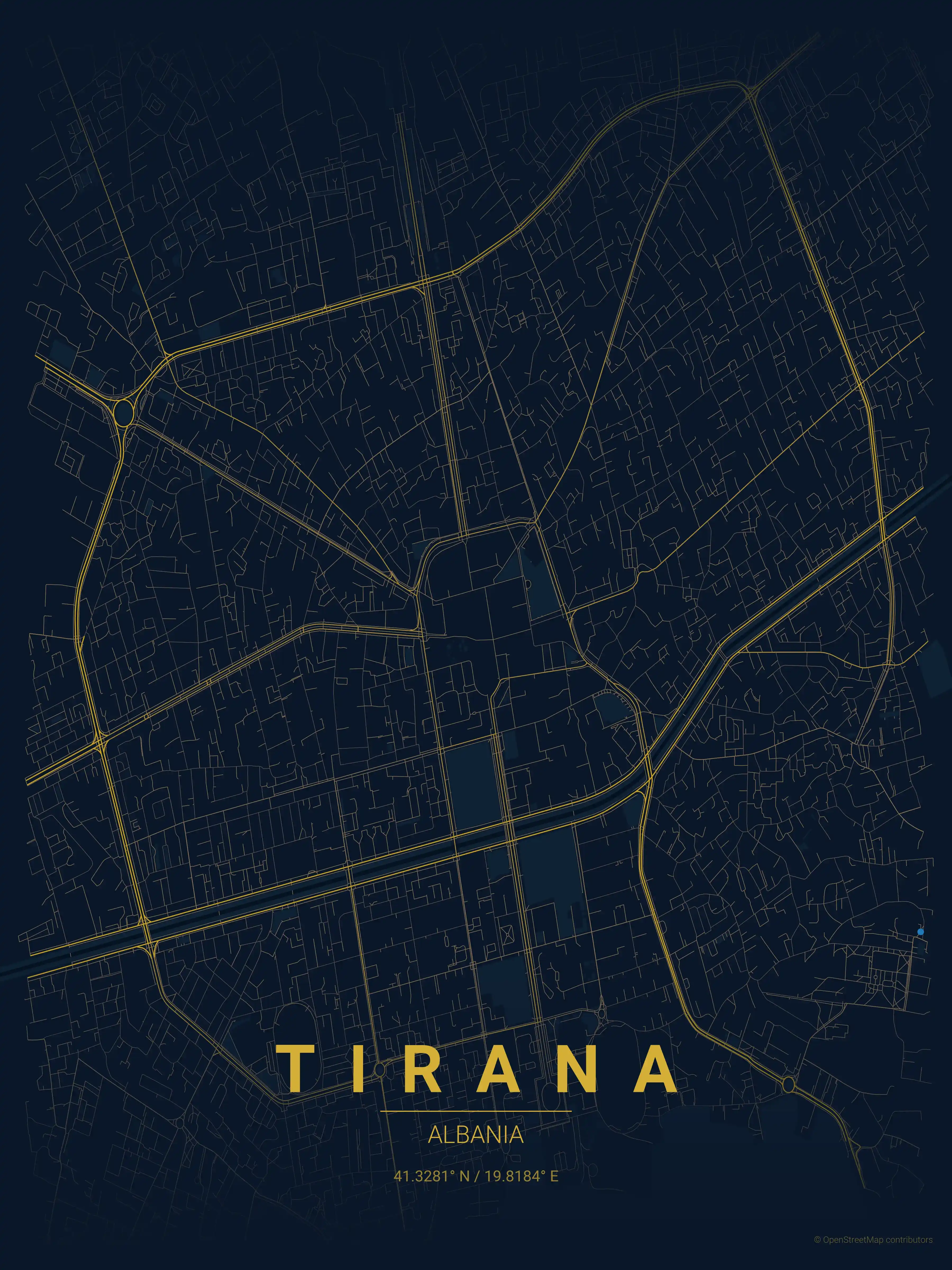Minimalist midnight_blue street map of Tirana, Albania - Urban grid art
