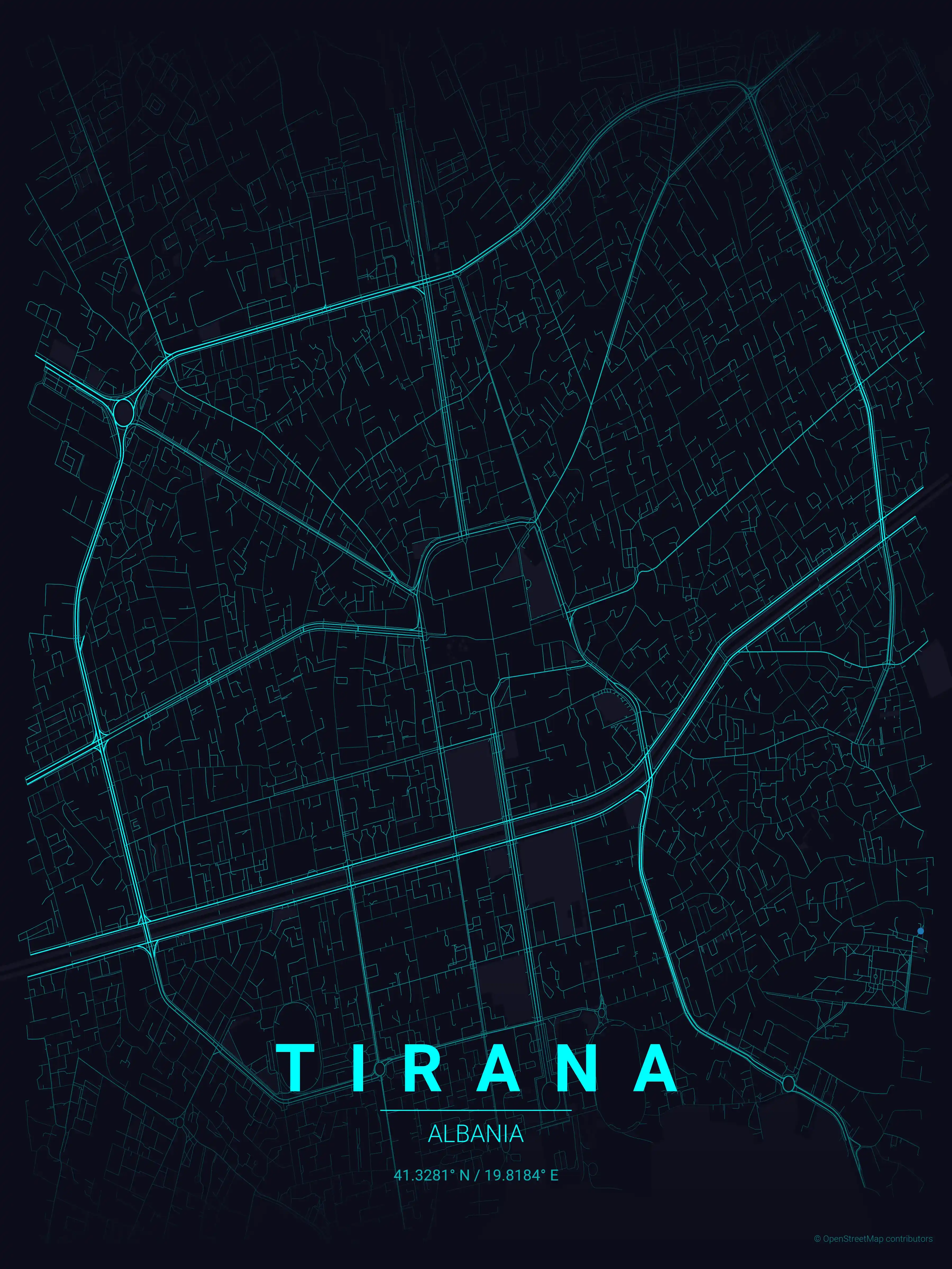 Minimalist neon_cyberpunk street map of Tirana, Albania - Urban grid art