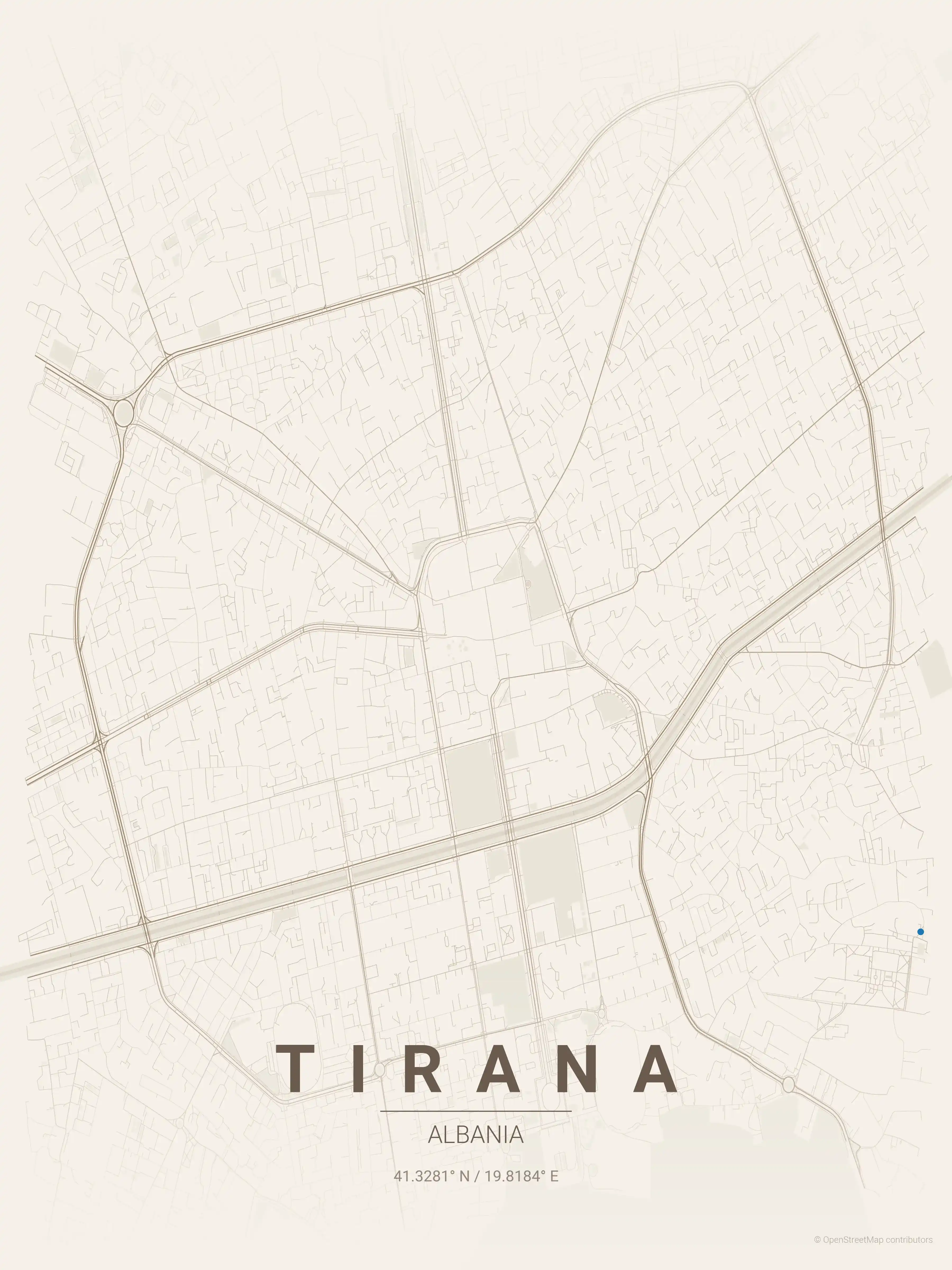 Minimalist warm_beige street map of Tirana, Albania - Urban grid art