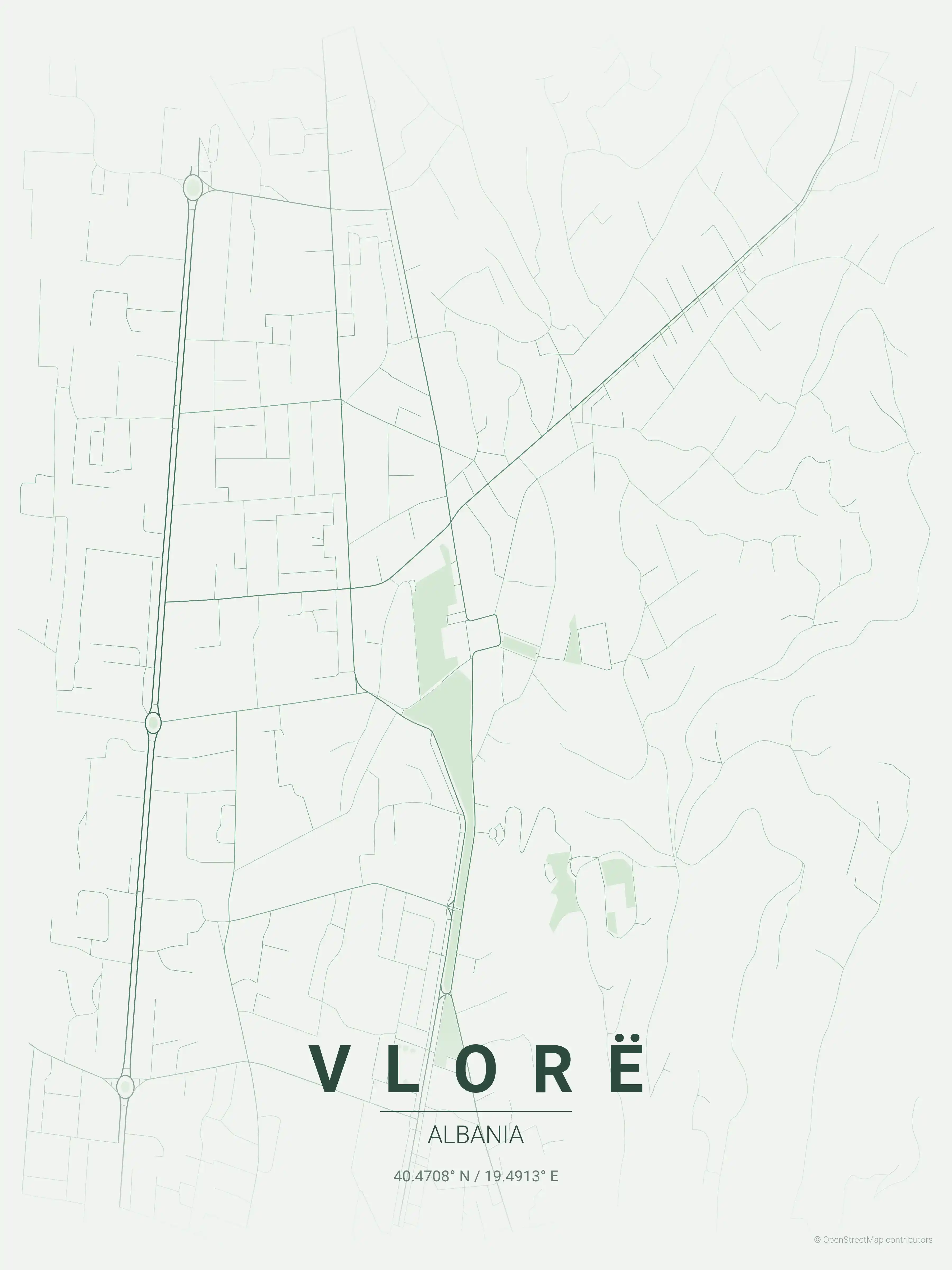 Minimalist forest street map of Vlorë, Albania - Urban grid art