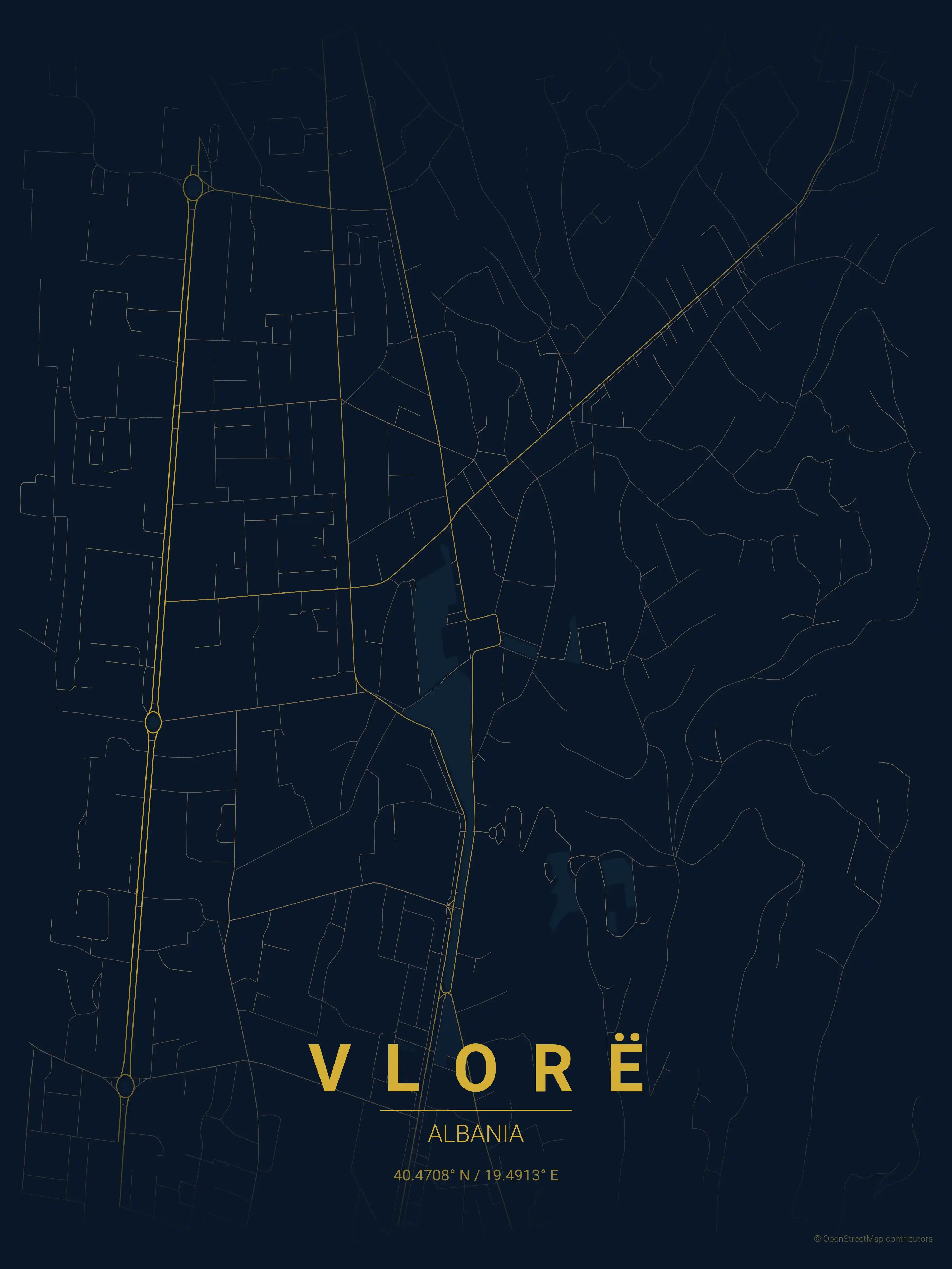 Minimalist midnight_blue street map of Vlorë, Albania - Urban grid art