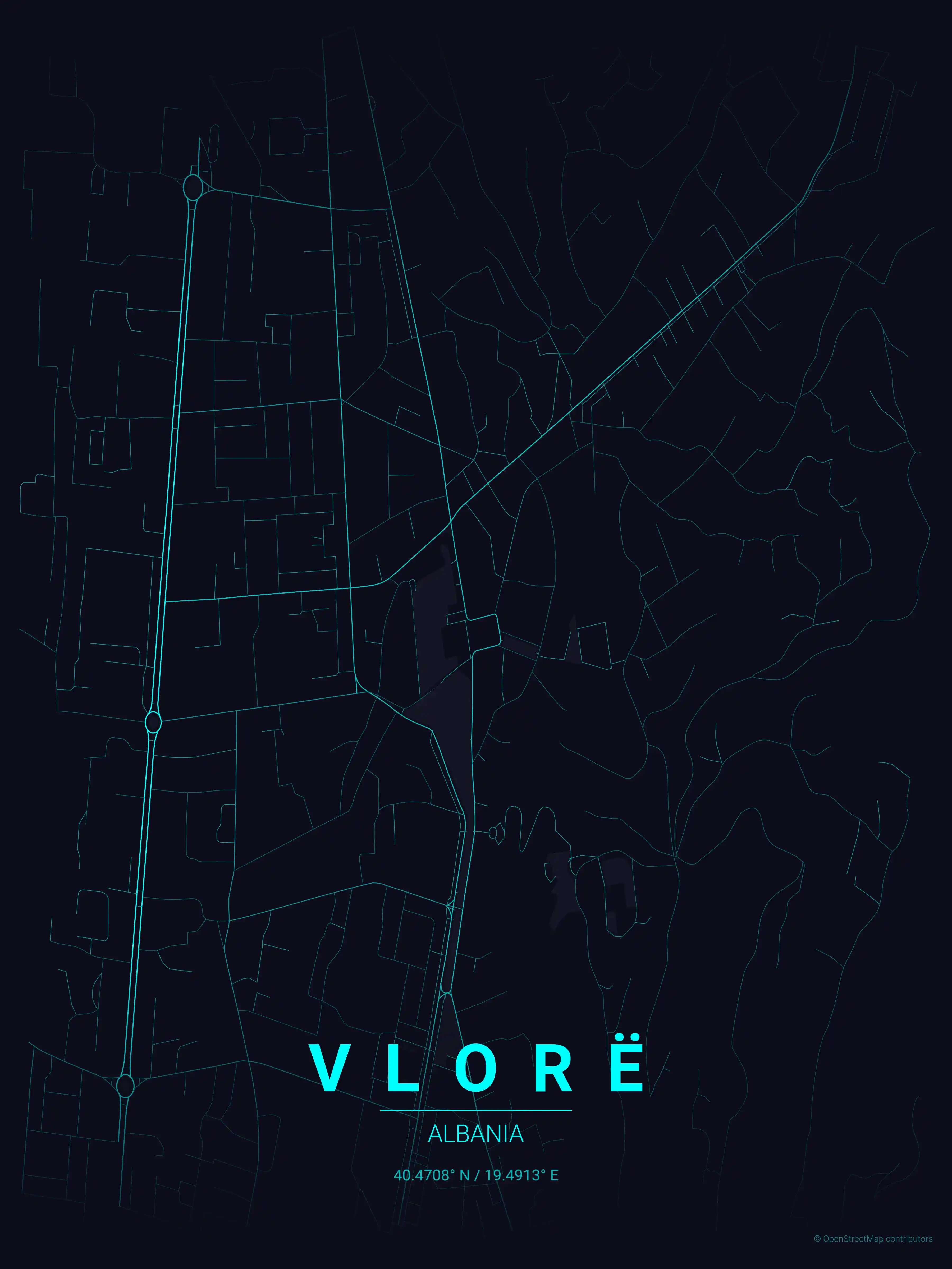 Minimalist neon_cyberpunk street map of Vlorë, Albania - Urban grid art