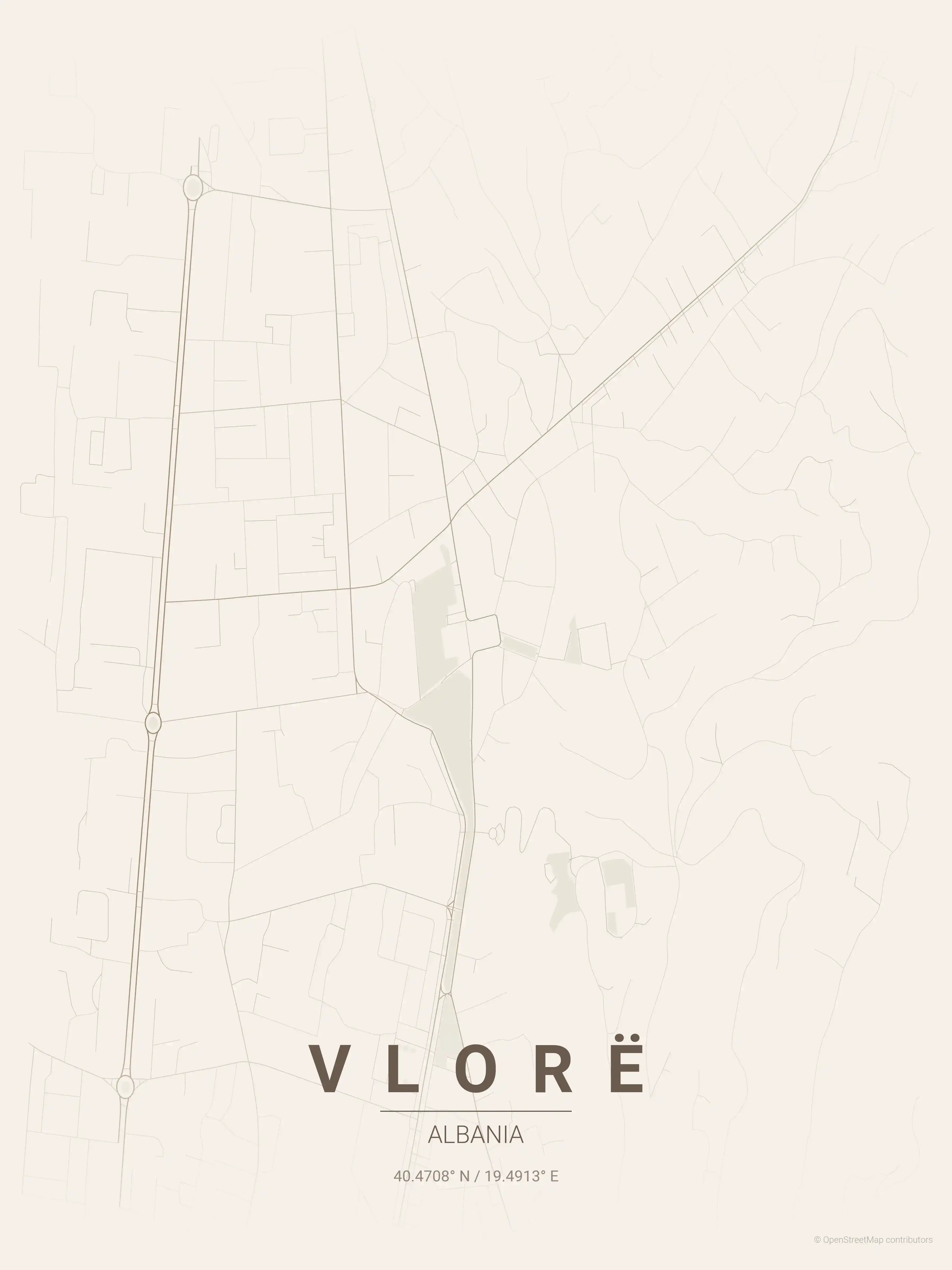 Minimalist warm_beige street map of Vlorë, Albania - Urban grid art