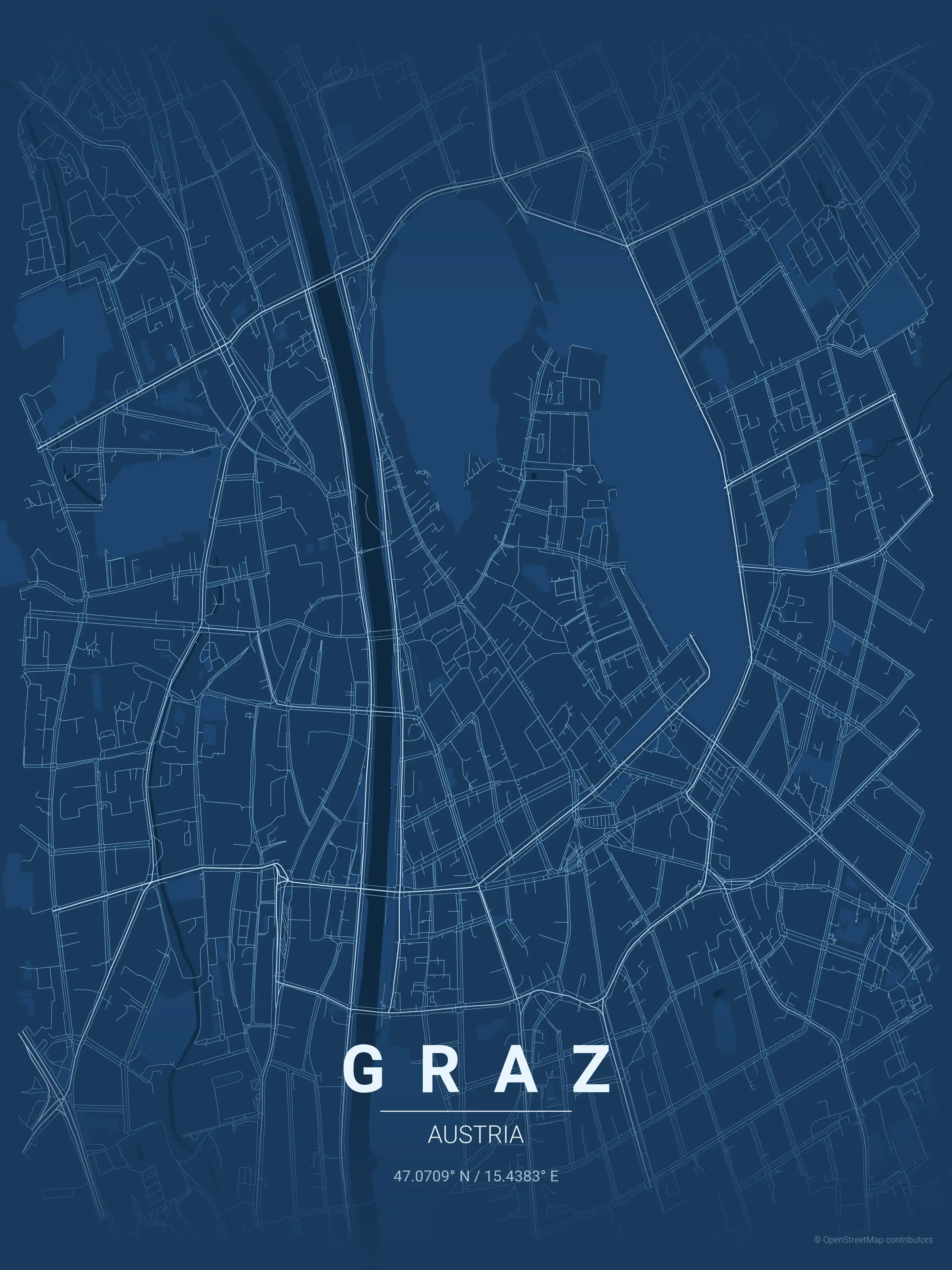 Minimalist blueprint street map of Graz, Austria - Urban grid art