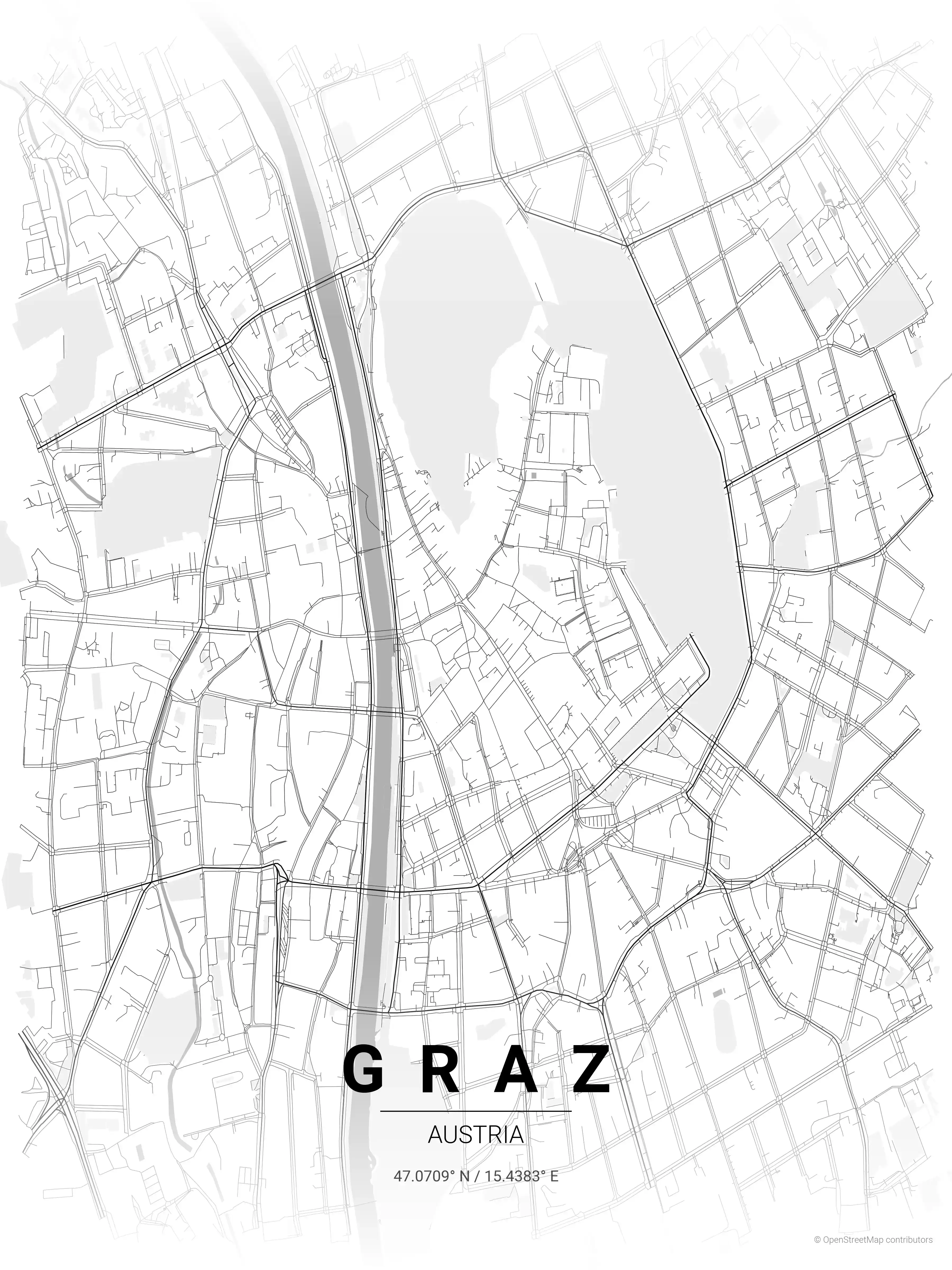 Minimalist contrast zones street map of Graz, Austria