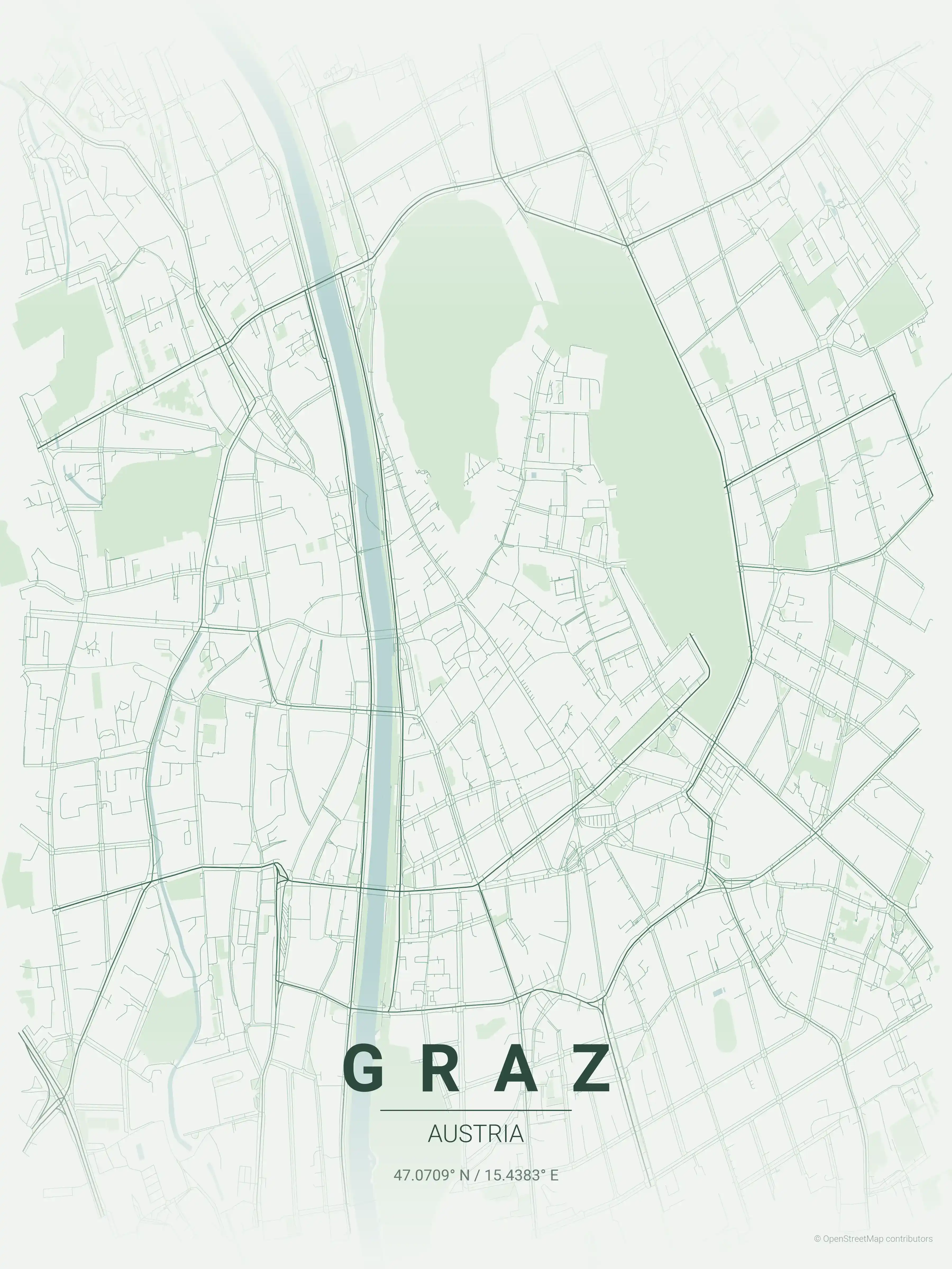 Minimalist forest street map of Graz, Austria - Urban grid art