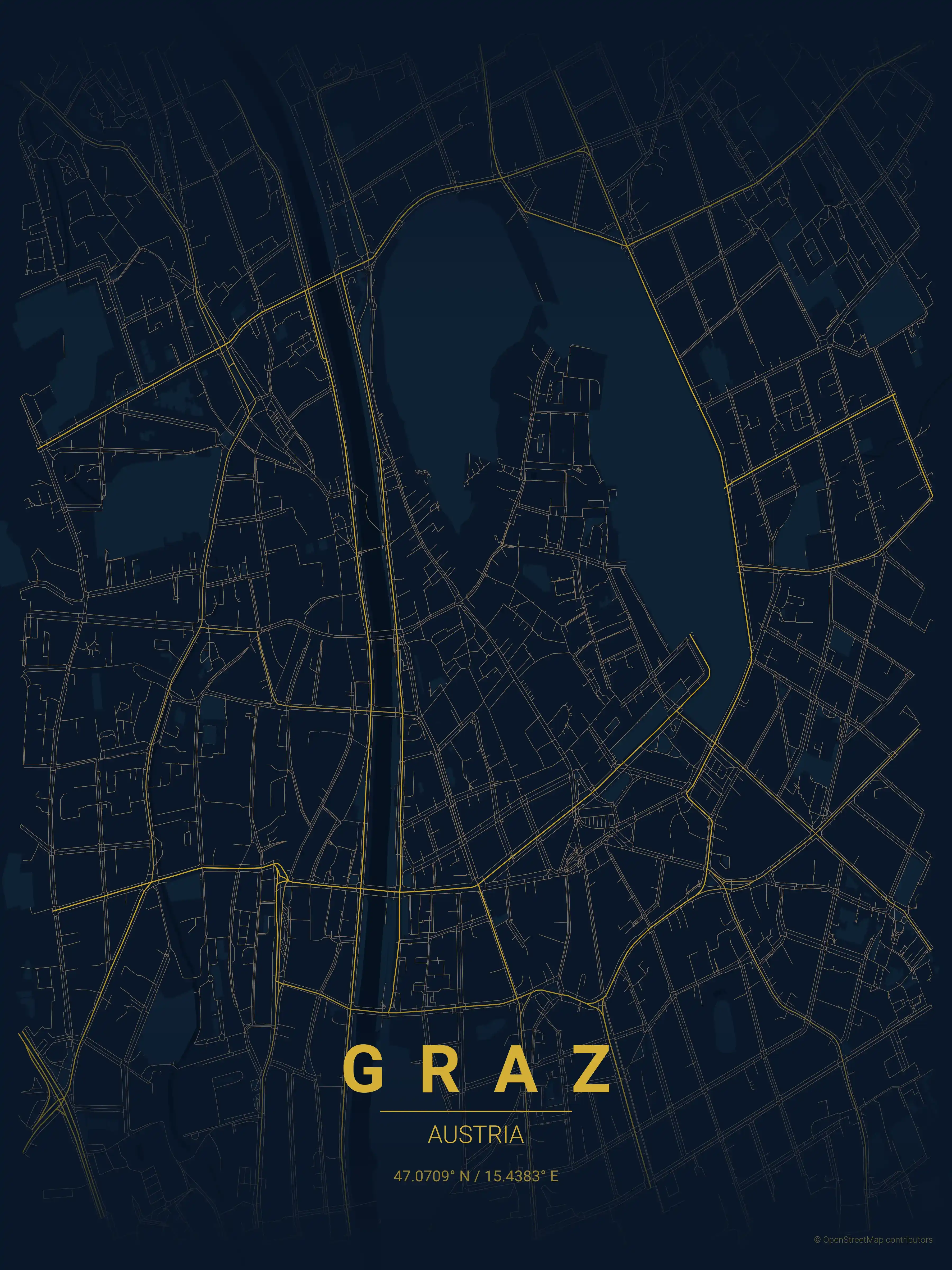 Minimalist midnight_blue street map of Graz, Austria - Urban grid art