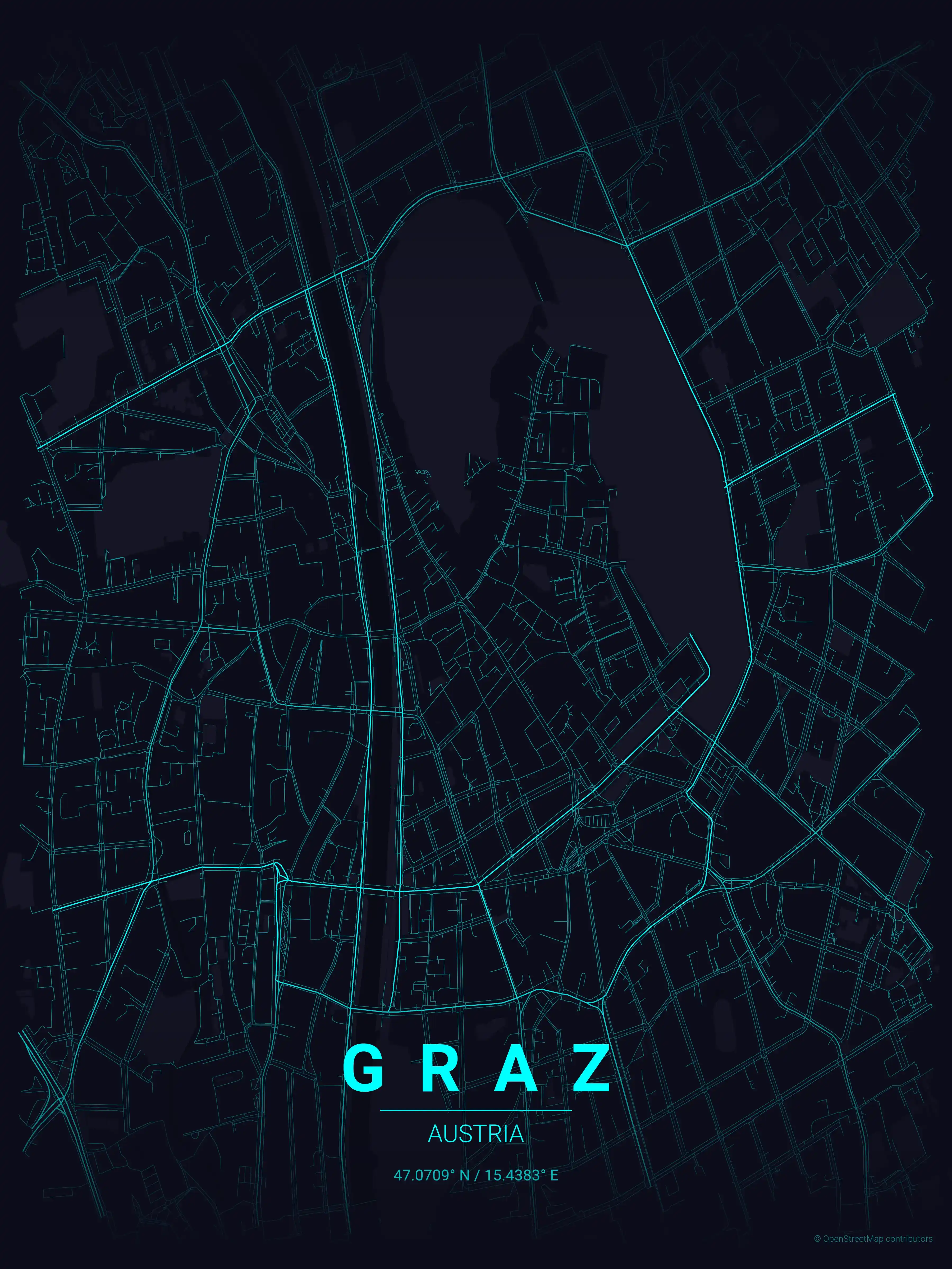 Minimalist neon_cyberpunk street map of Graz, Austria - Urban grid art
