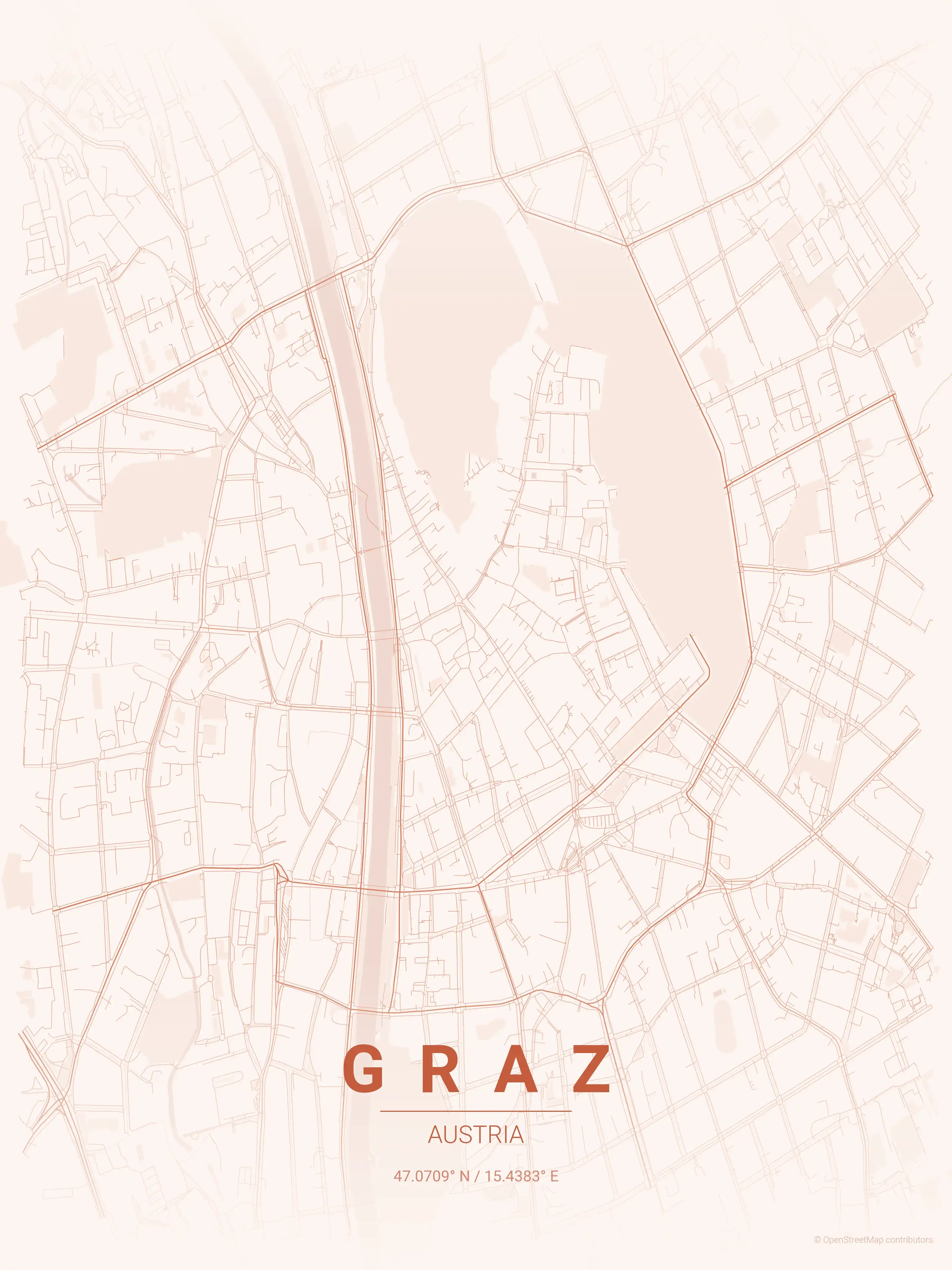 Minimalist sunset street map of Graz, Austria - Urban grid art