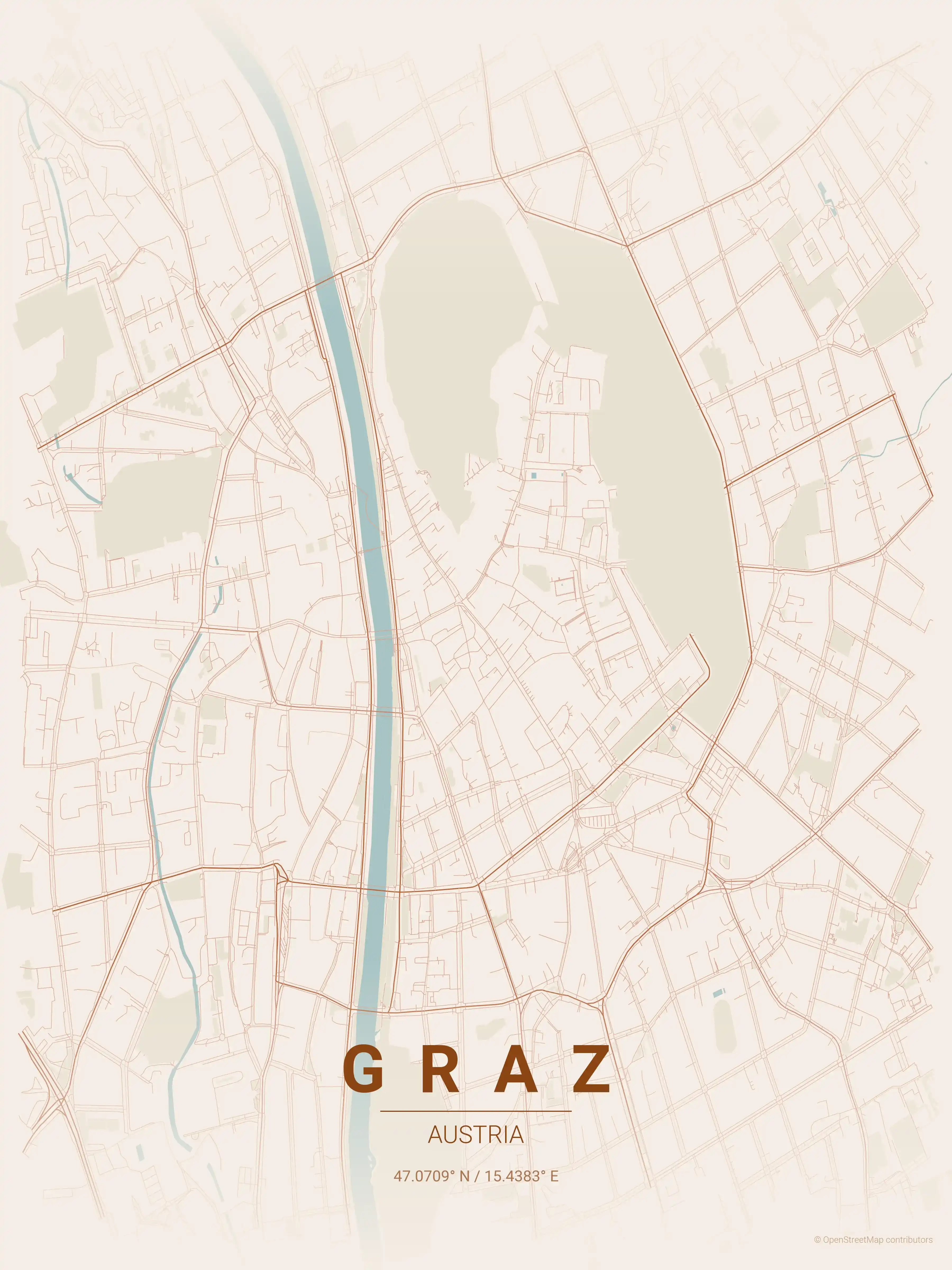 Minimalist terracotta street map of Graz, Austria - Urban grid art