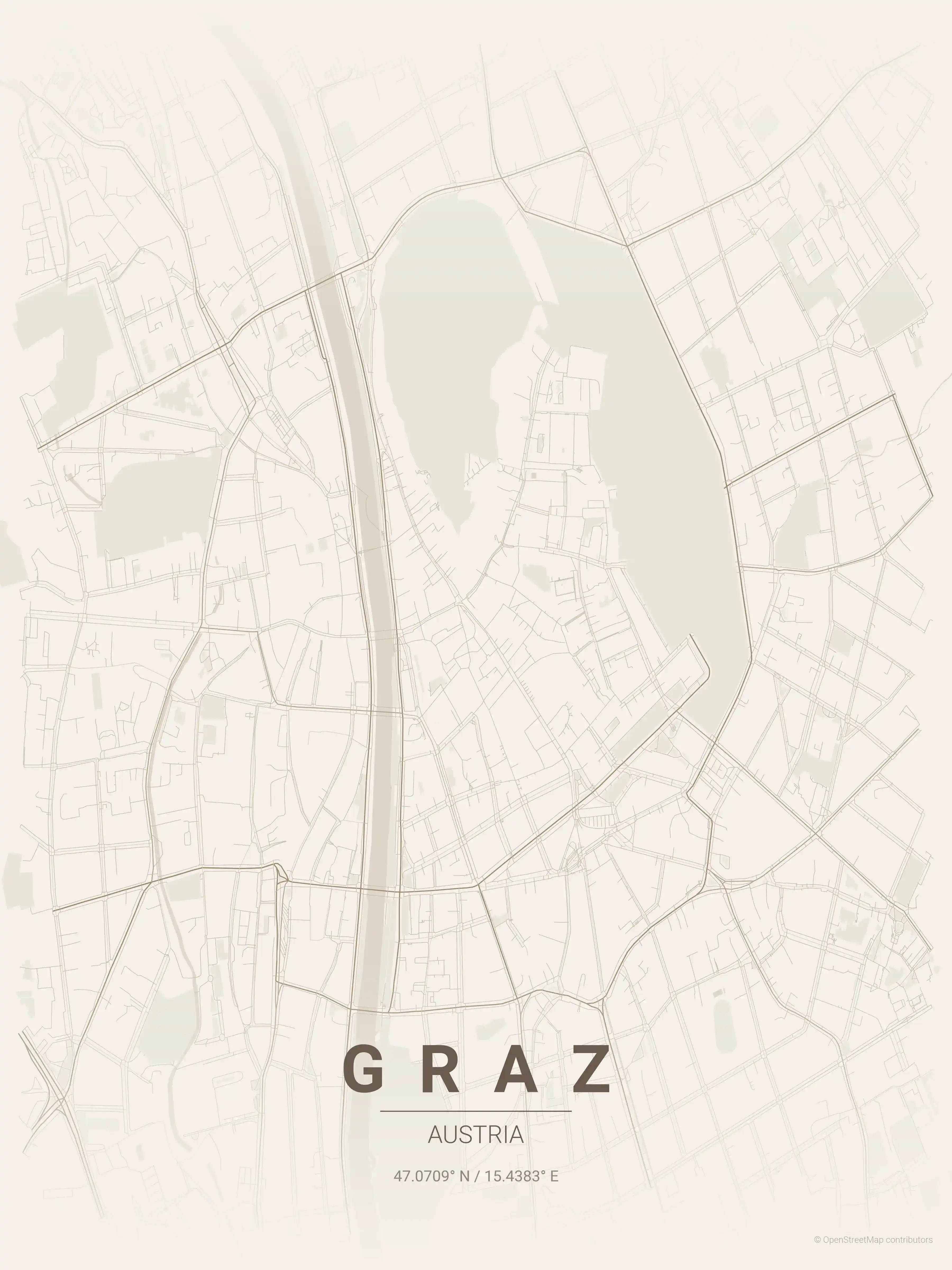 Minimalist warm_beige street map of Graz, Austria - Urban grid art