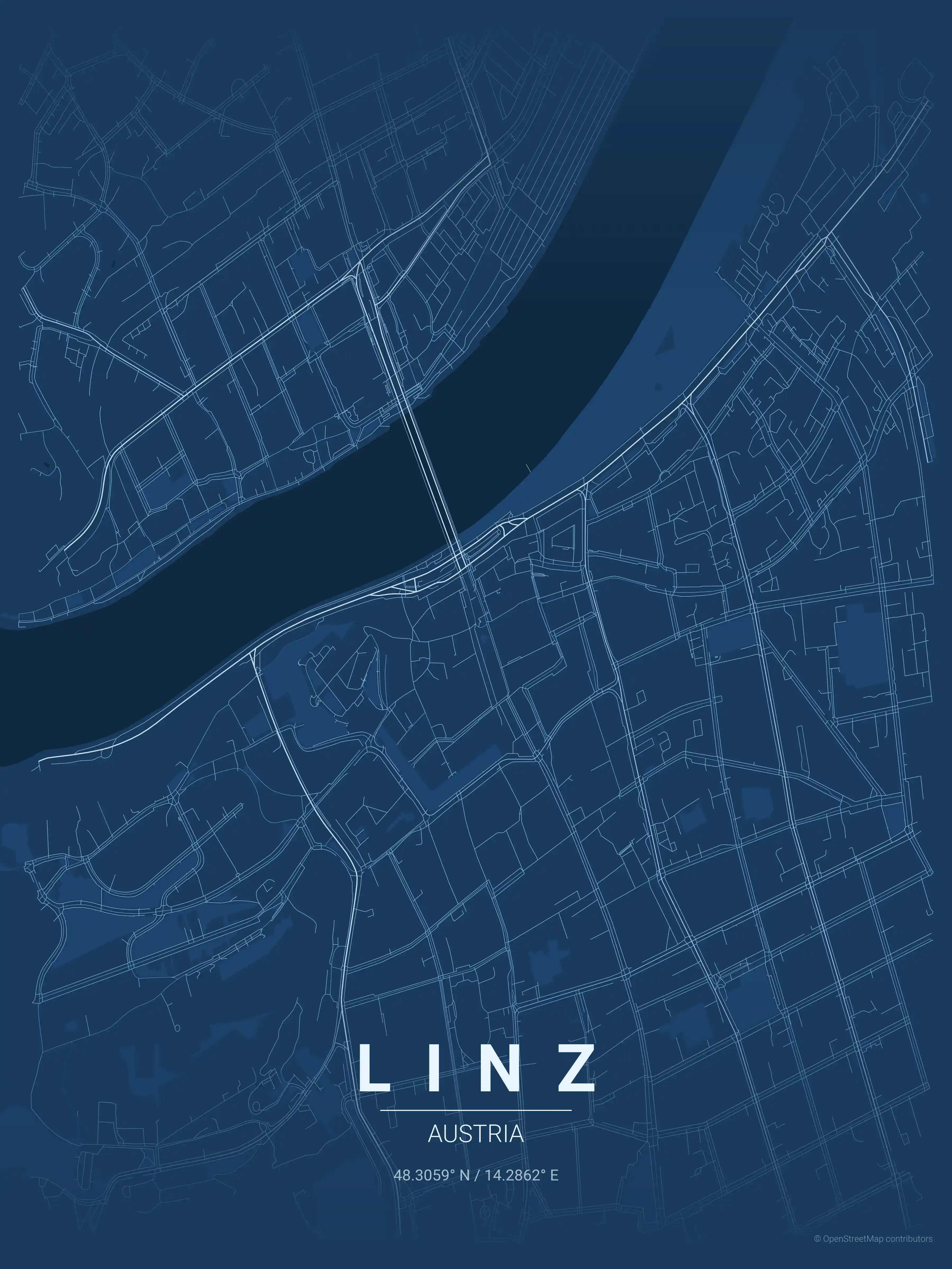 Minimalist blueprint street map of Linz, Austria - Urban grid art