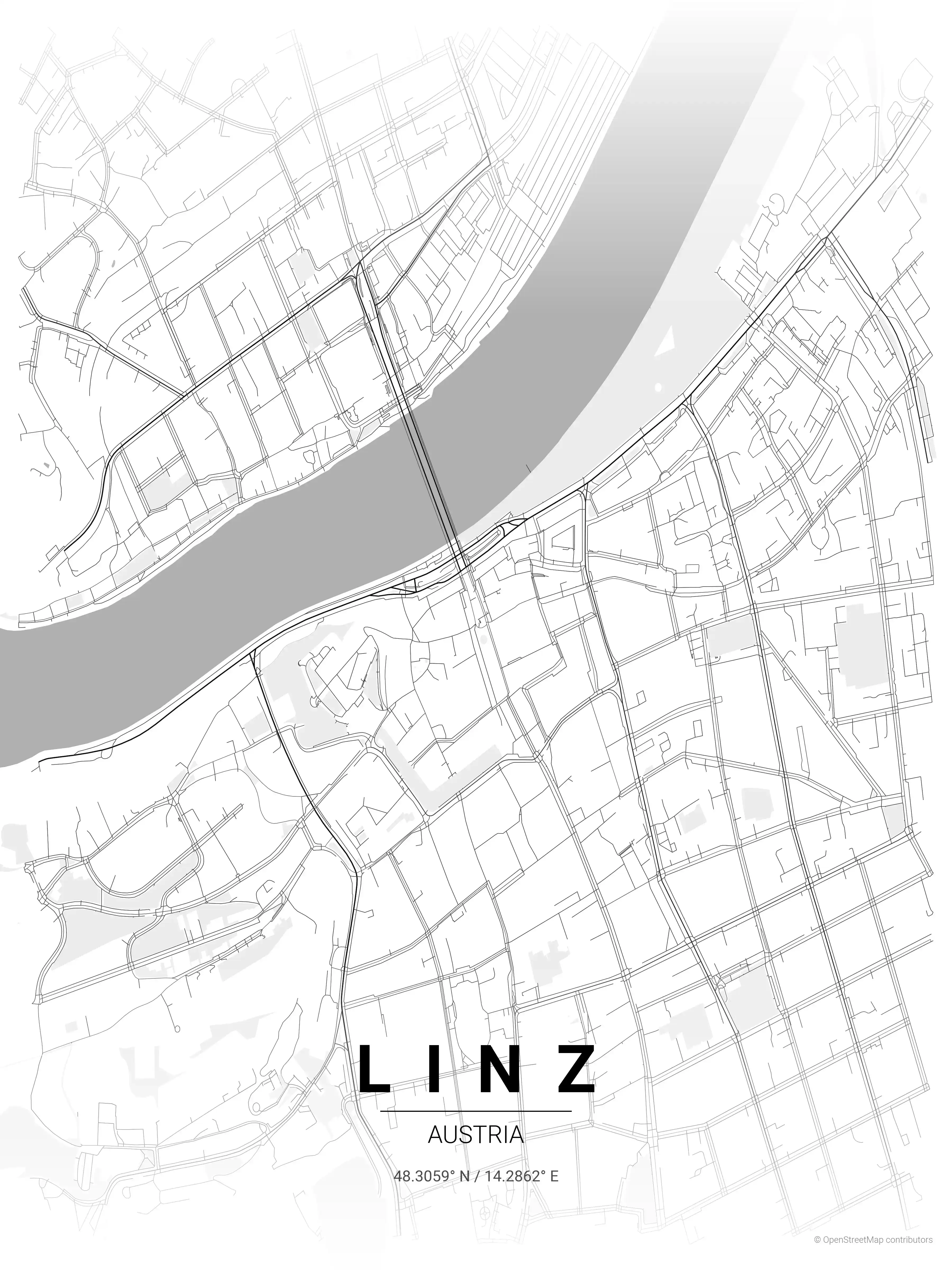 Minimalist contrast zones street map of Linz, Austria