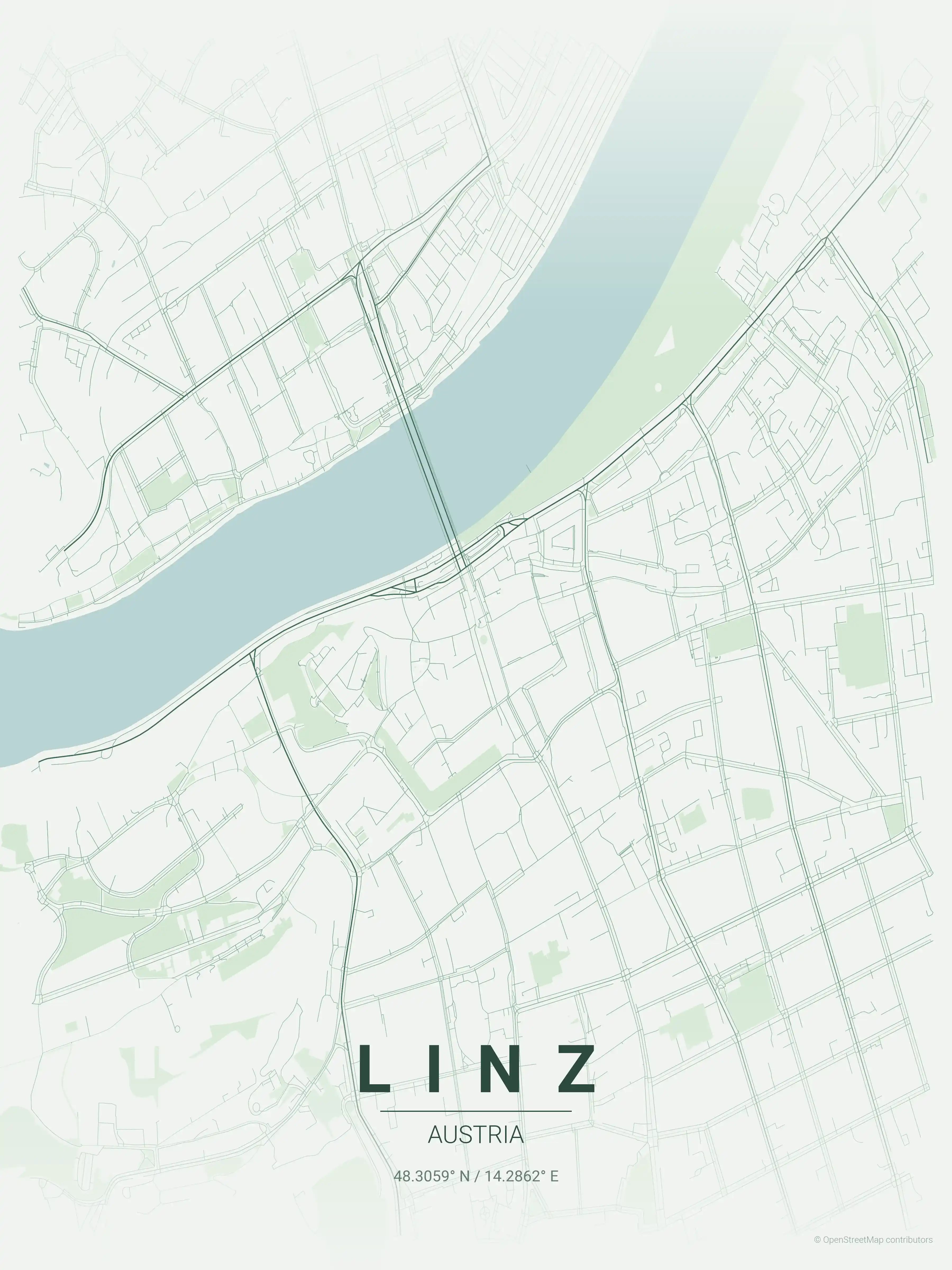 Minimalist forest street map of Linz, Austria - Urban grid art
