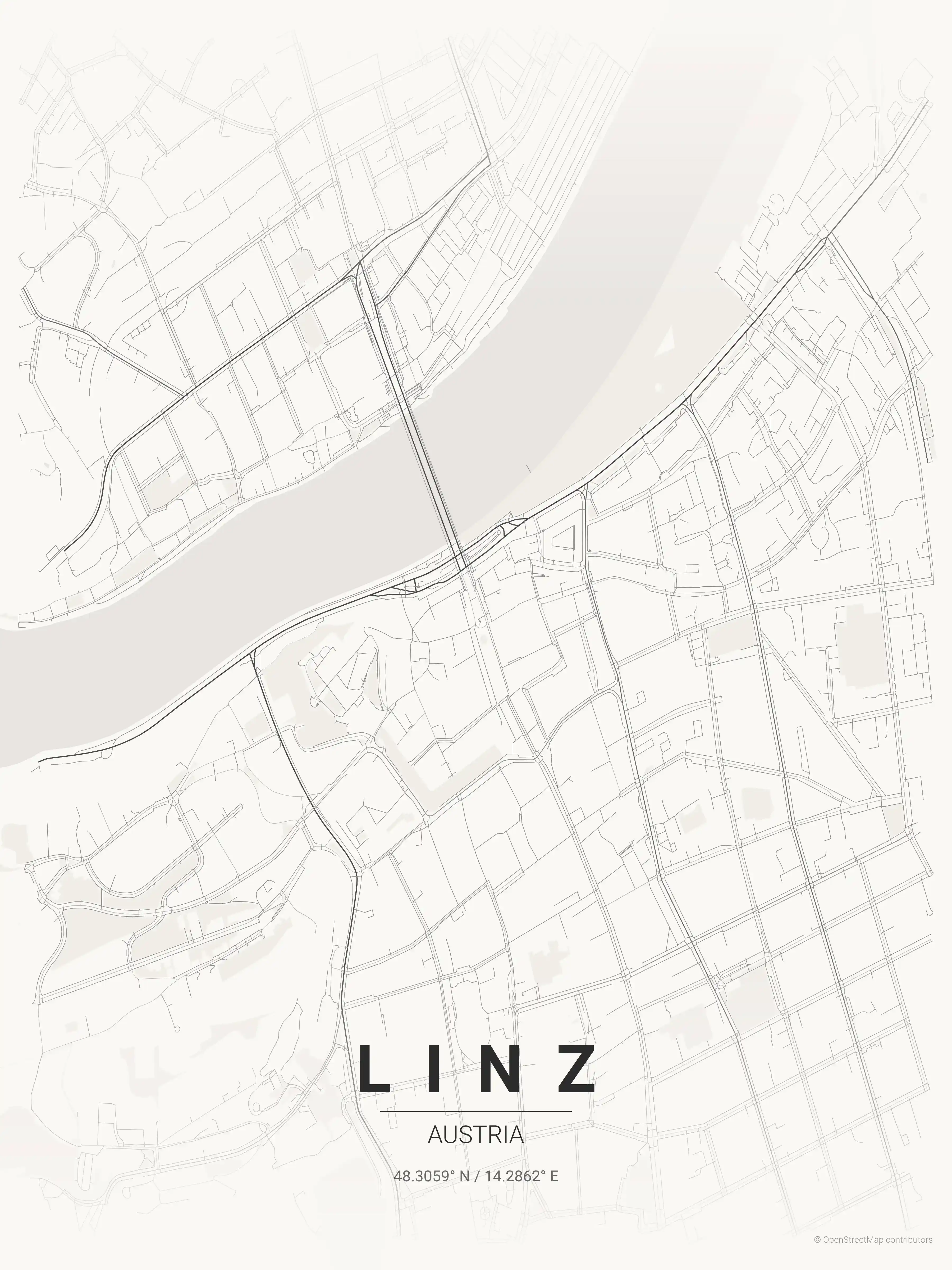 Minimalist japanese_ink street map of Linz, Austria - Urban grid art