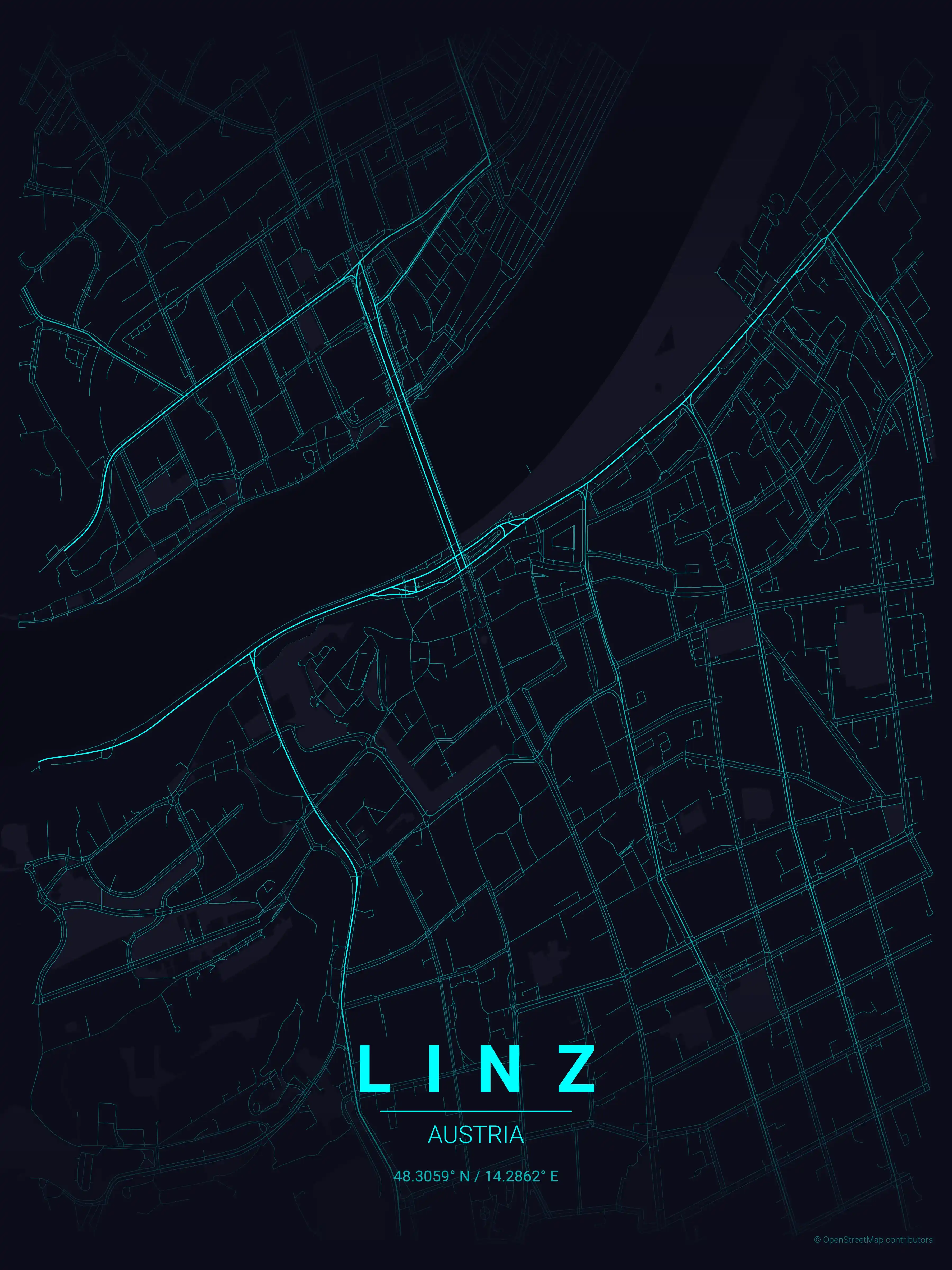 Minimalist neon_cyberpunk street map of Linz, Austria - Urban grid art