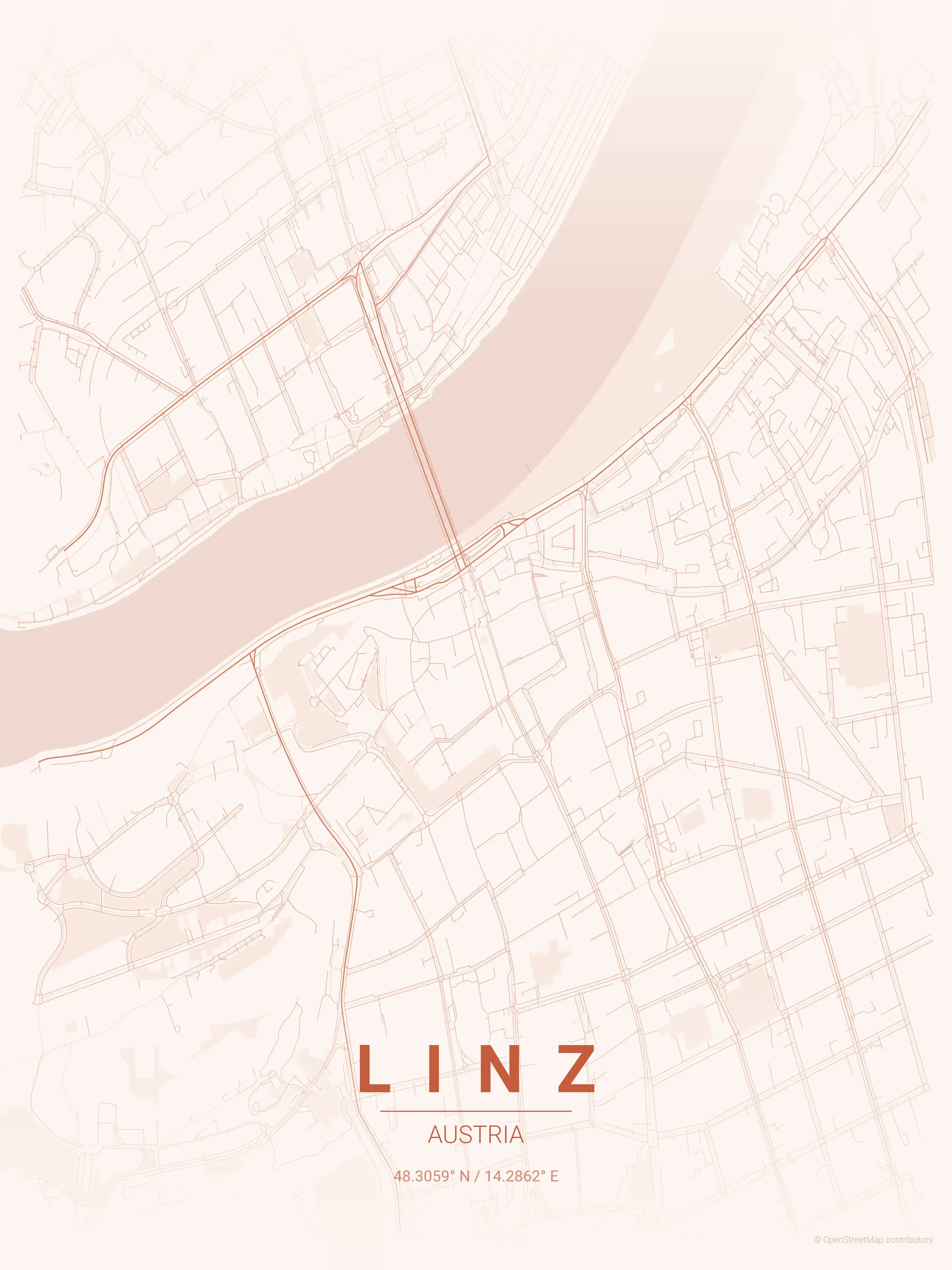 Minimalist sunset street map of Linz, Austria - Urban grid art