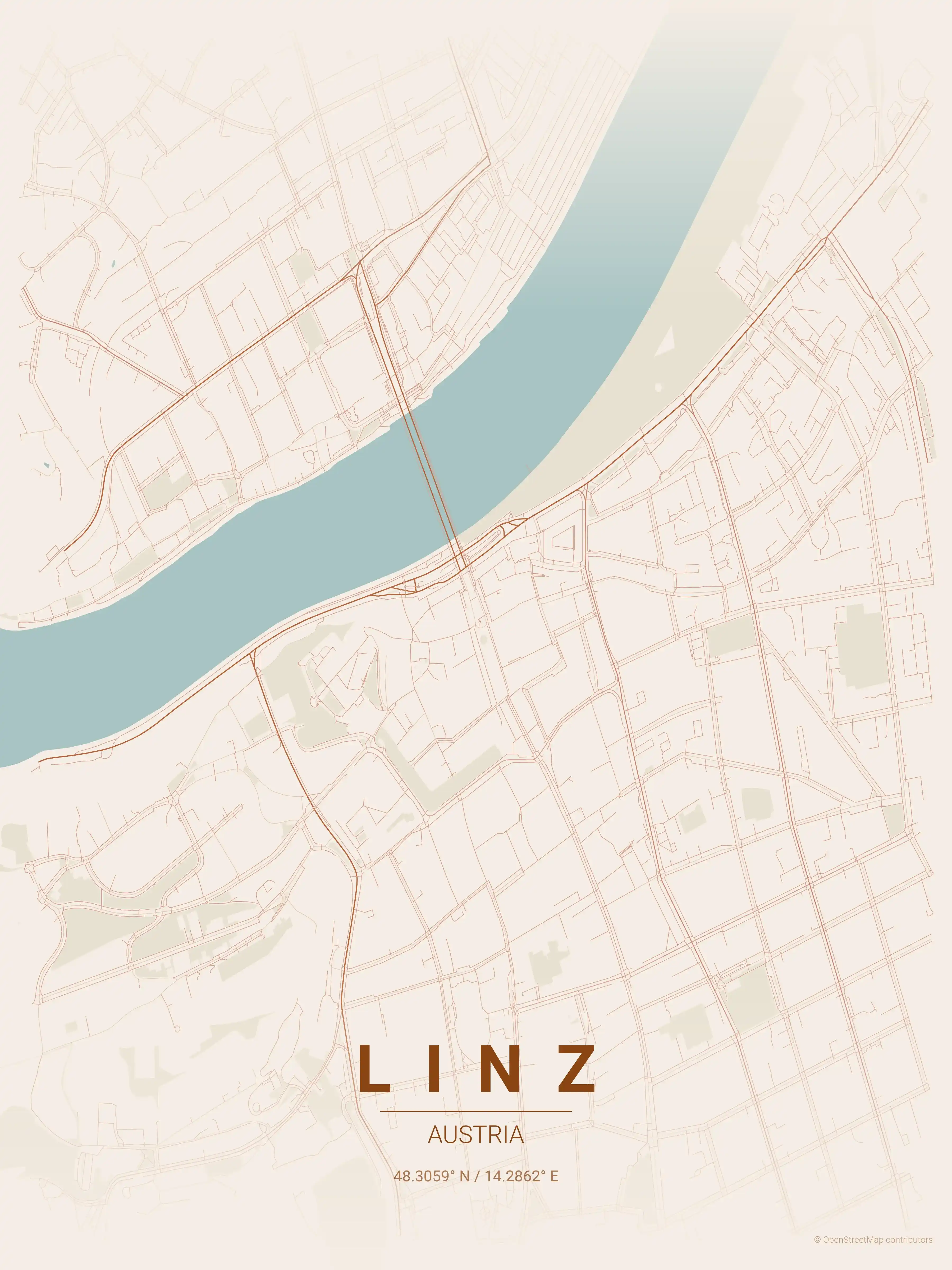 Minimalist terracotta street map of Linz, Austria - Urban grid art