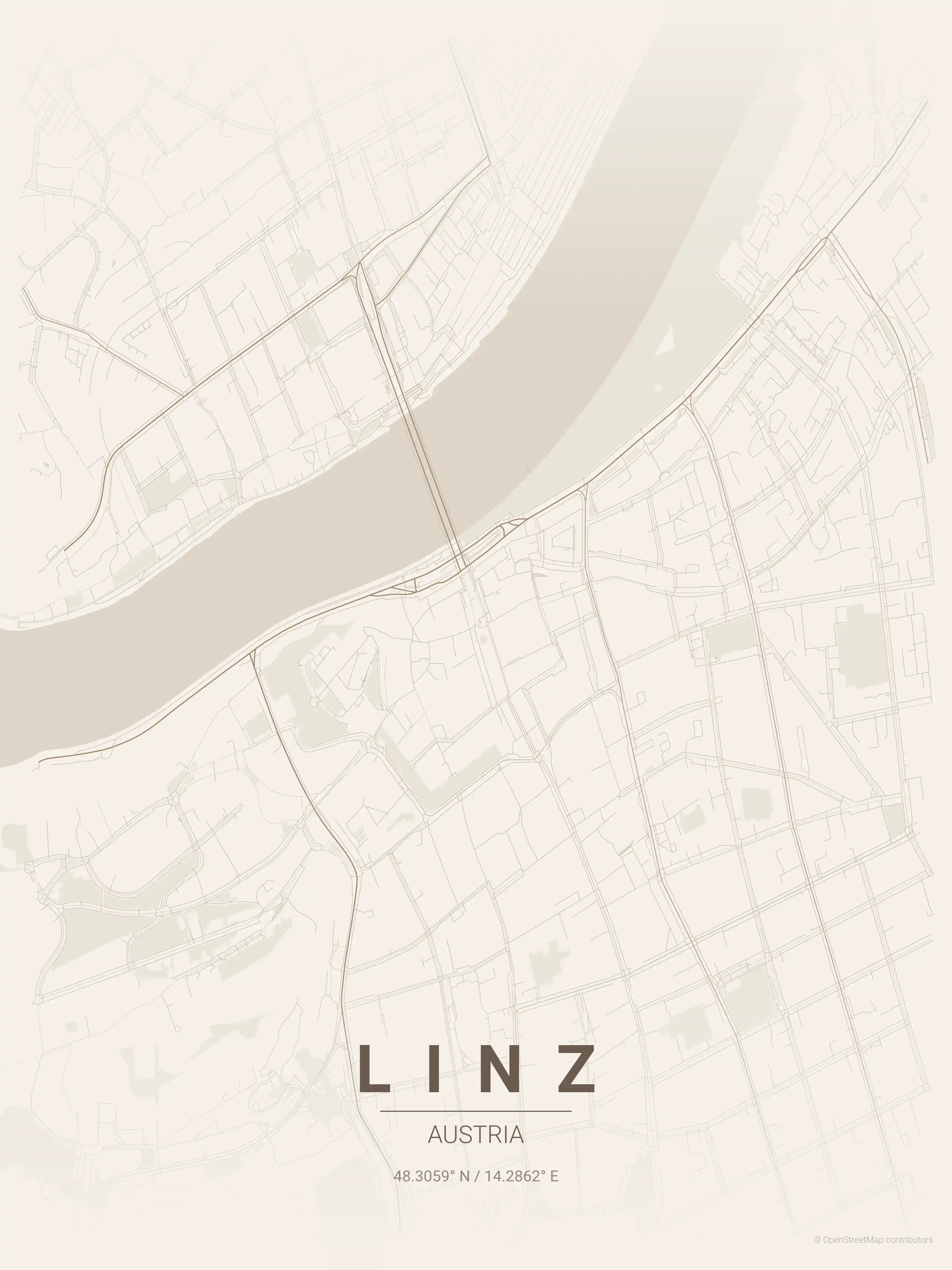 Minimalist warm_beige street map of Linz, Austria - Urban grid art