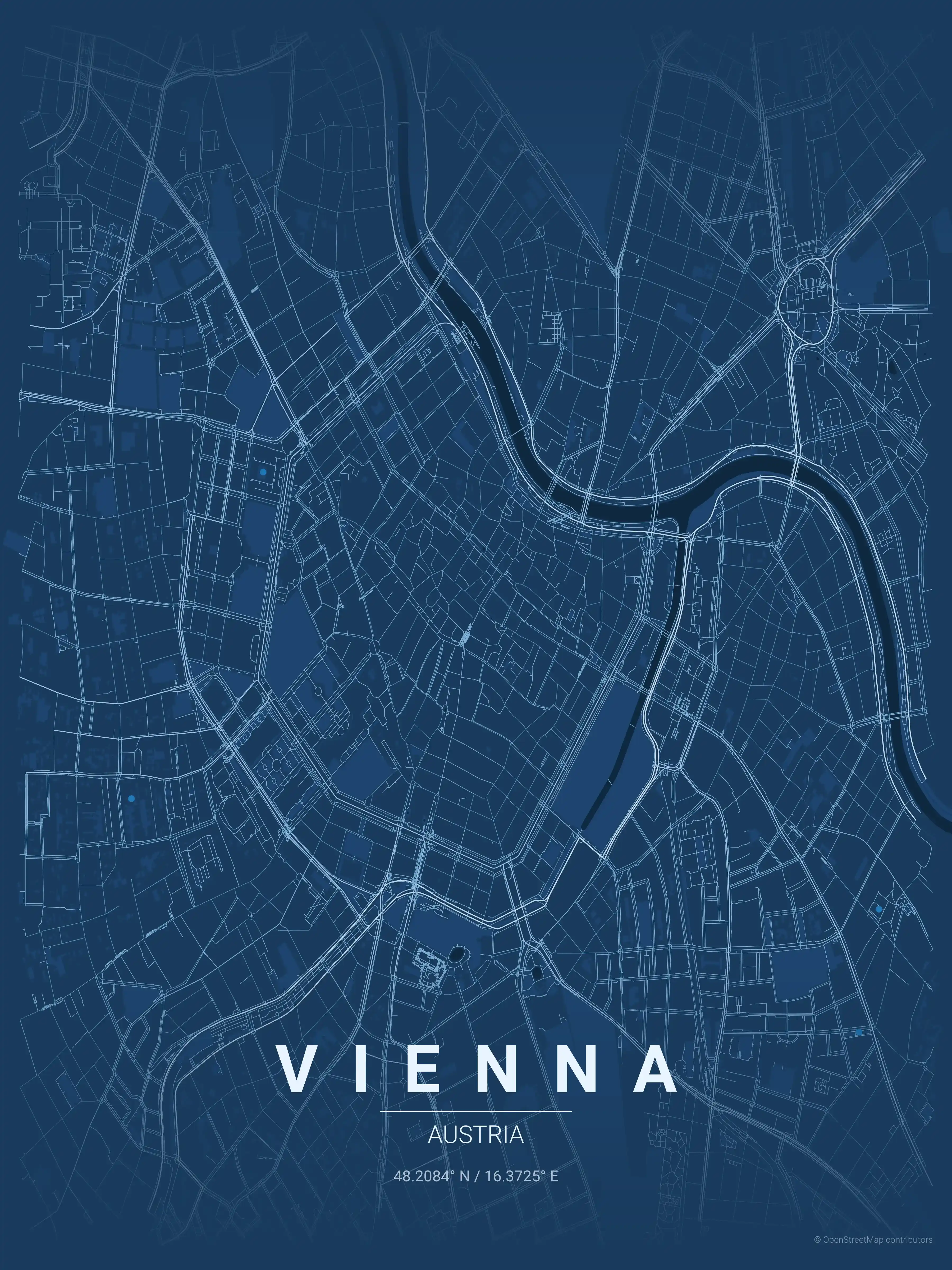 Minimalist blueprint street map of Vienna, Austria - Urban grid art