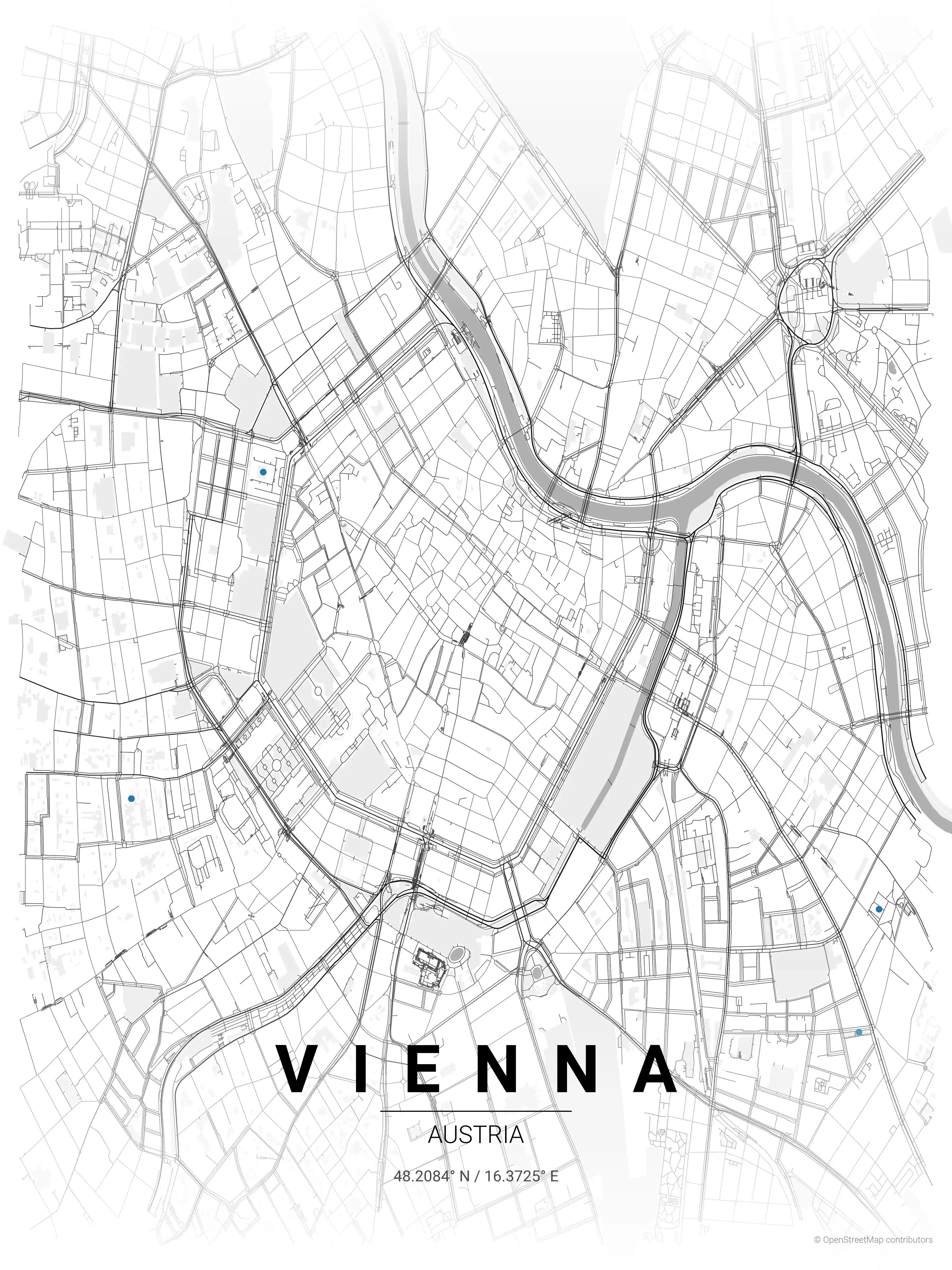 Minimalist contrast zones street map of Vienna, Austria
