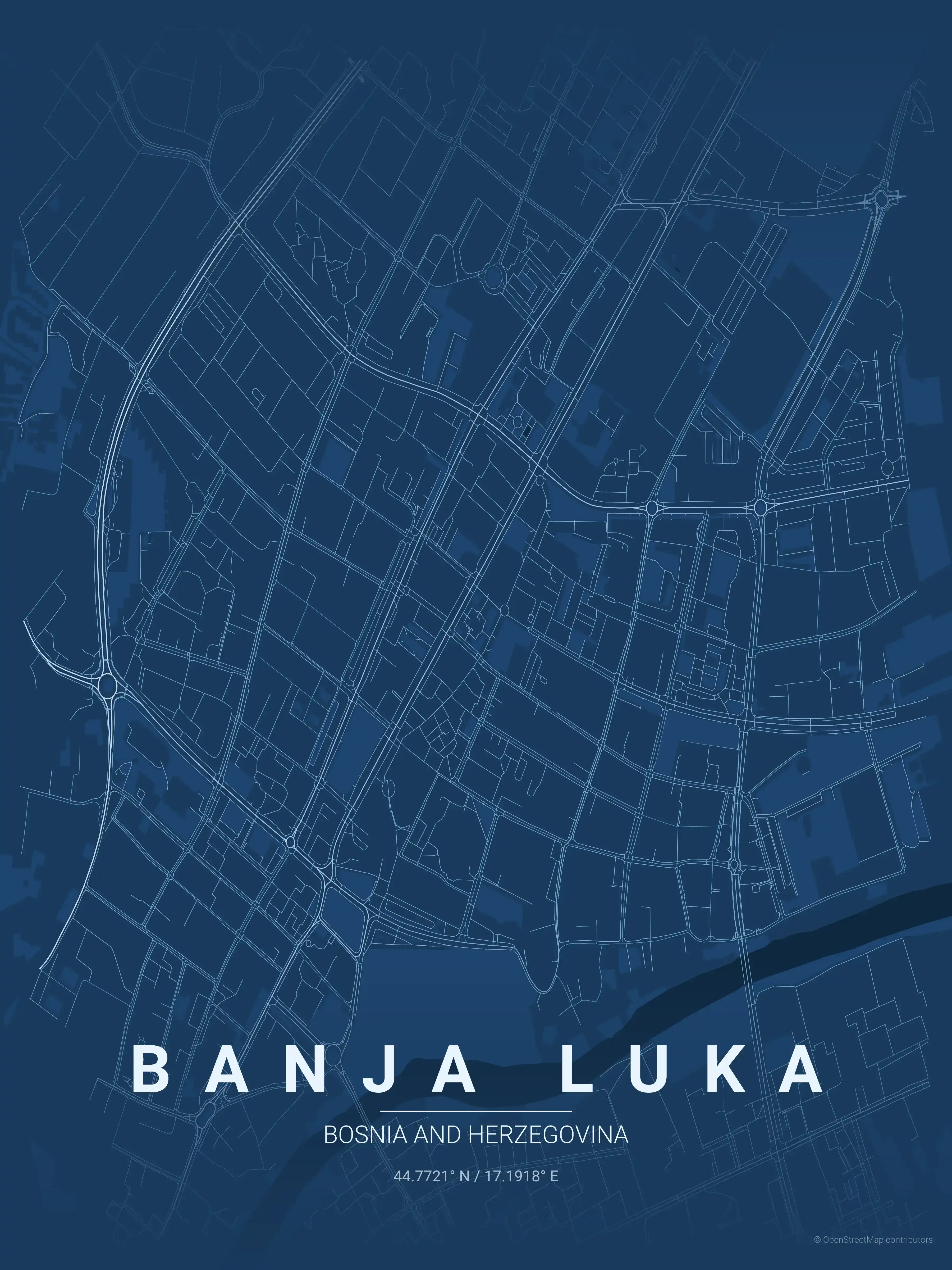 Minimalist blueprint street map of Banja Luka, Bosnia and Herzegovina - Urban grid art