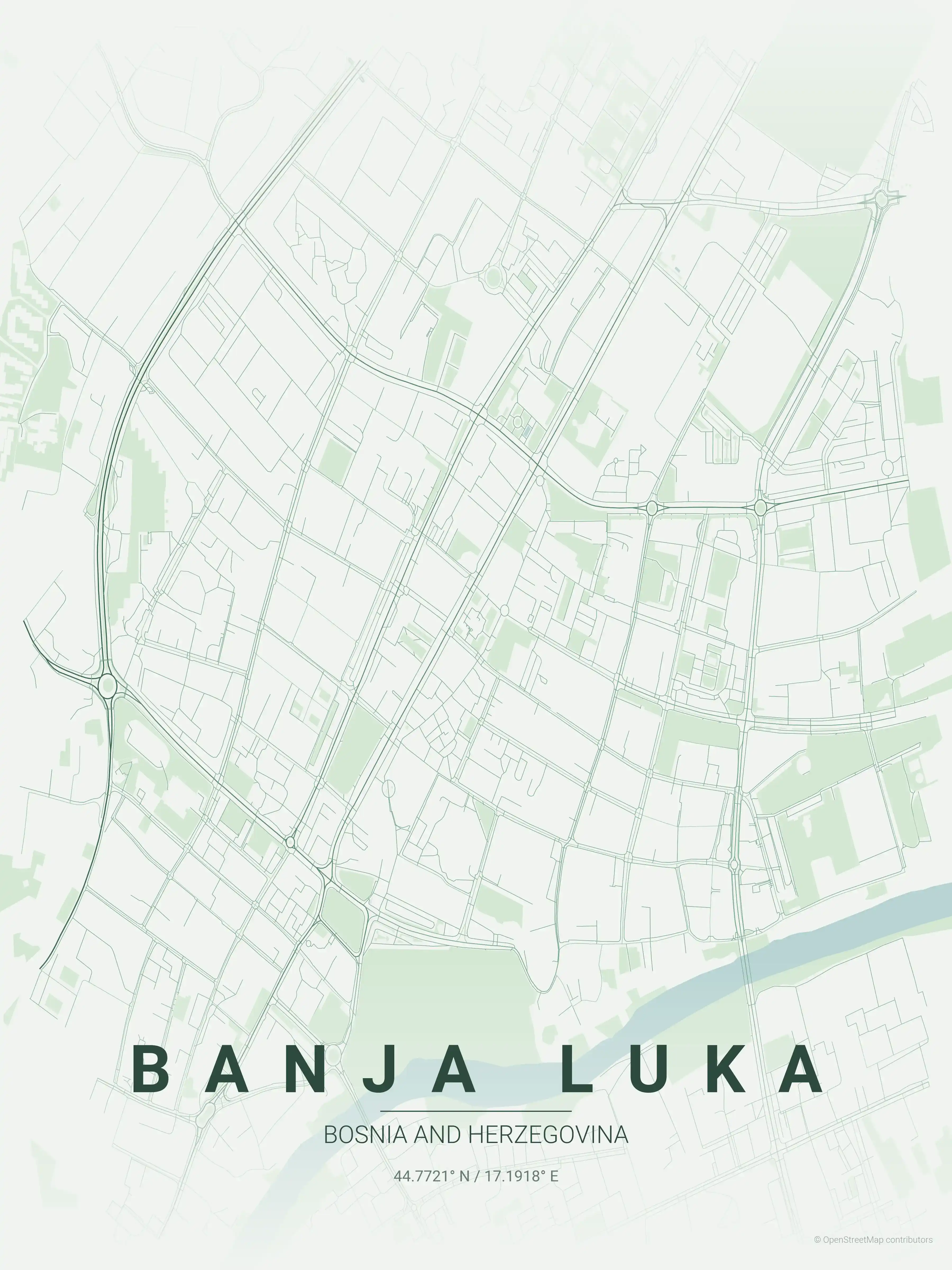 Minimalist forest street map of Banja Luka, Bosnia and Herzegovina - Urban grid art