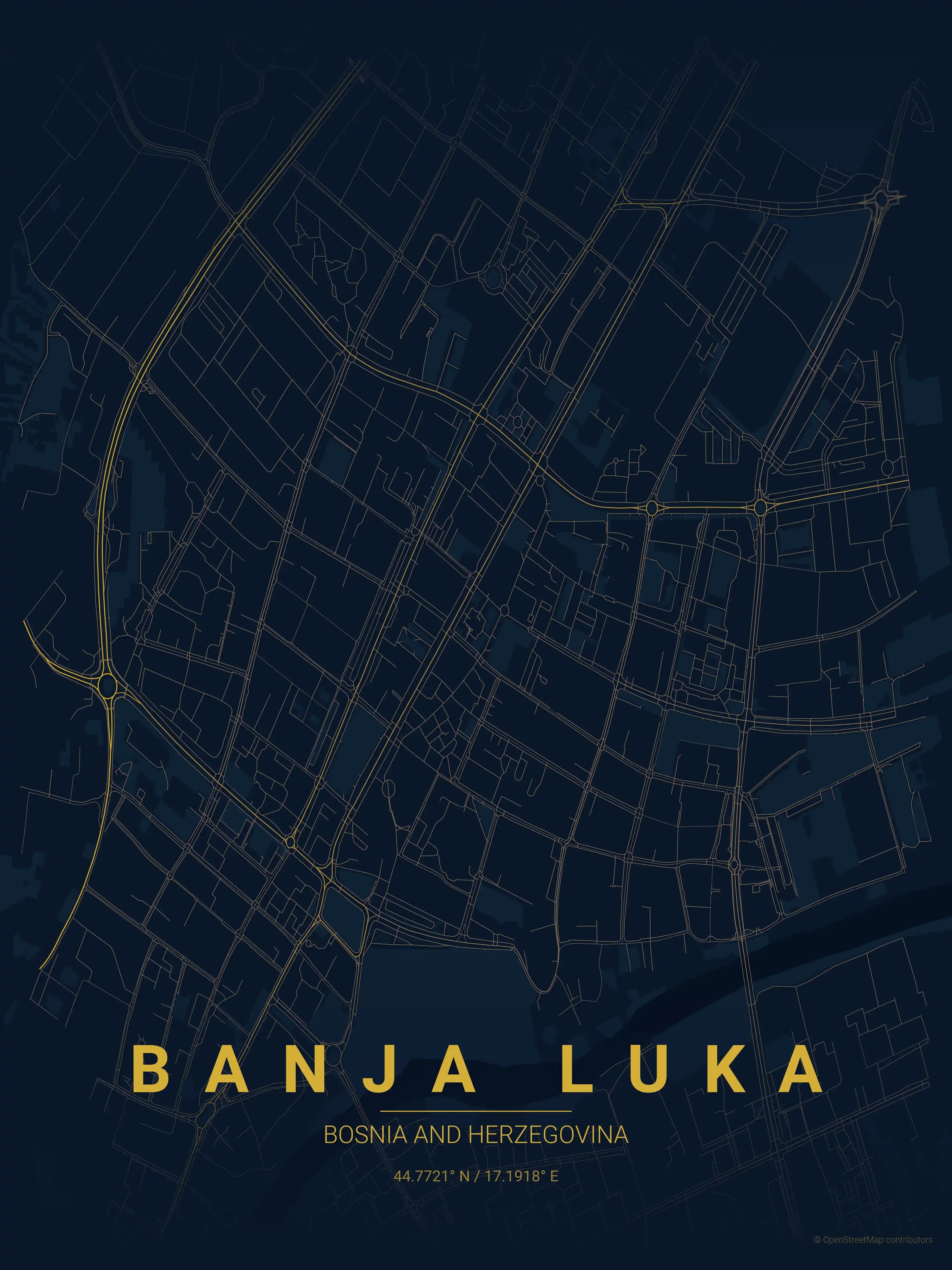 Minimalist midnight_blue street map of Banja Luka, Bosnia and Herzegovina - Urban grid art