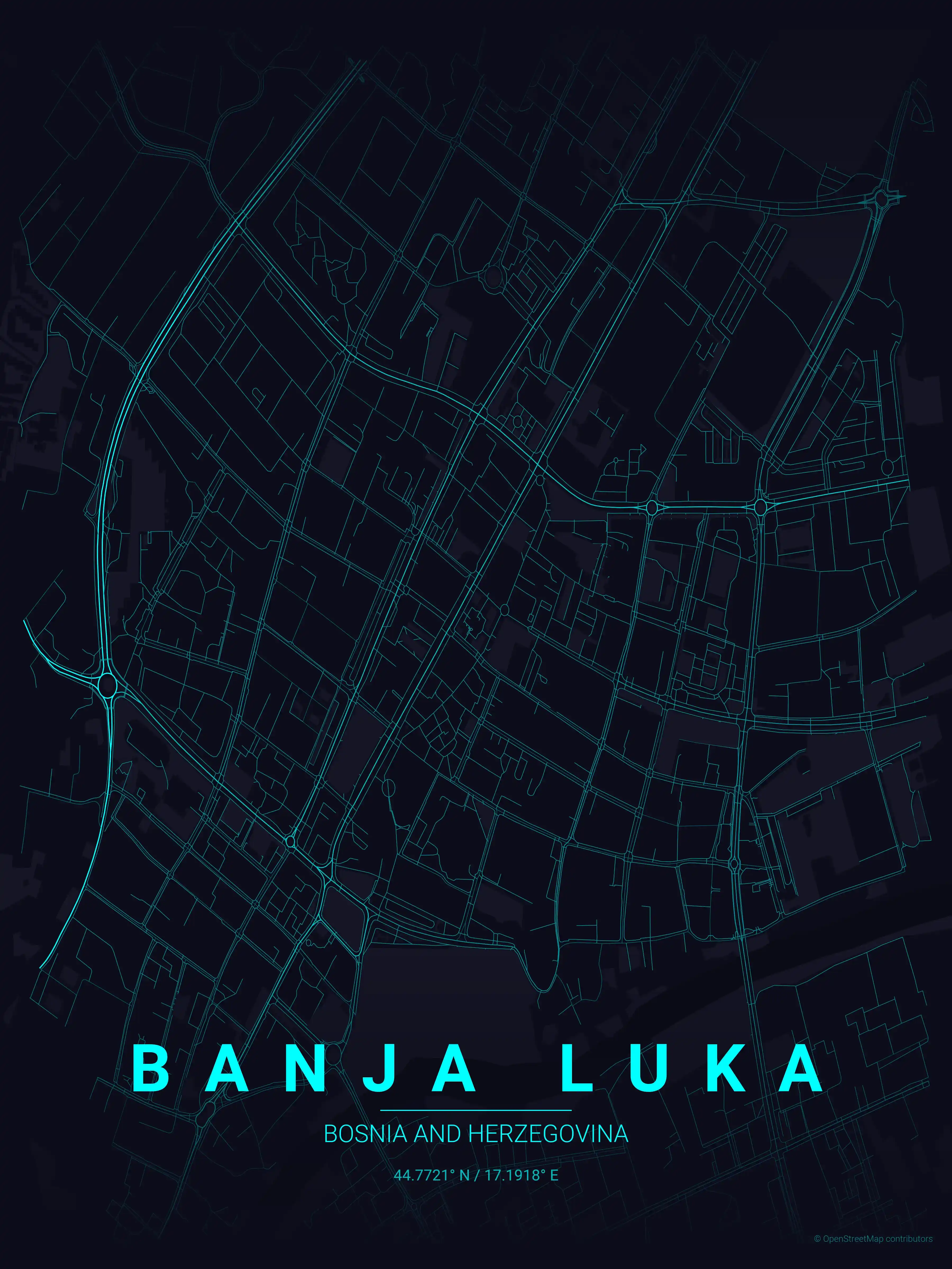 Minimalist neon_cyberpunk street map of Banja Luka, Bosnia and Herzegovina - Urban grid art