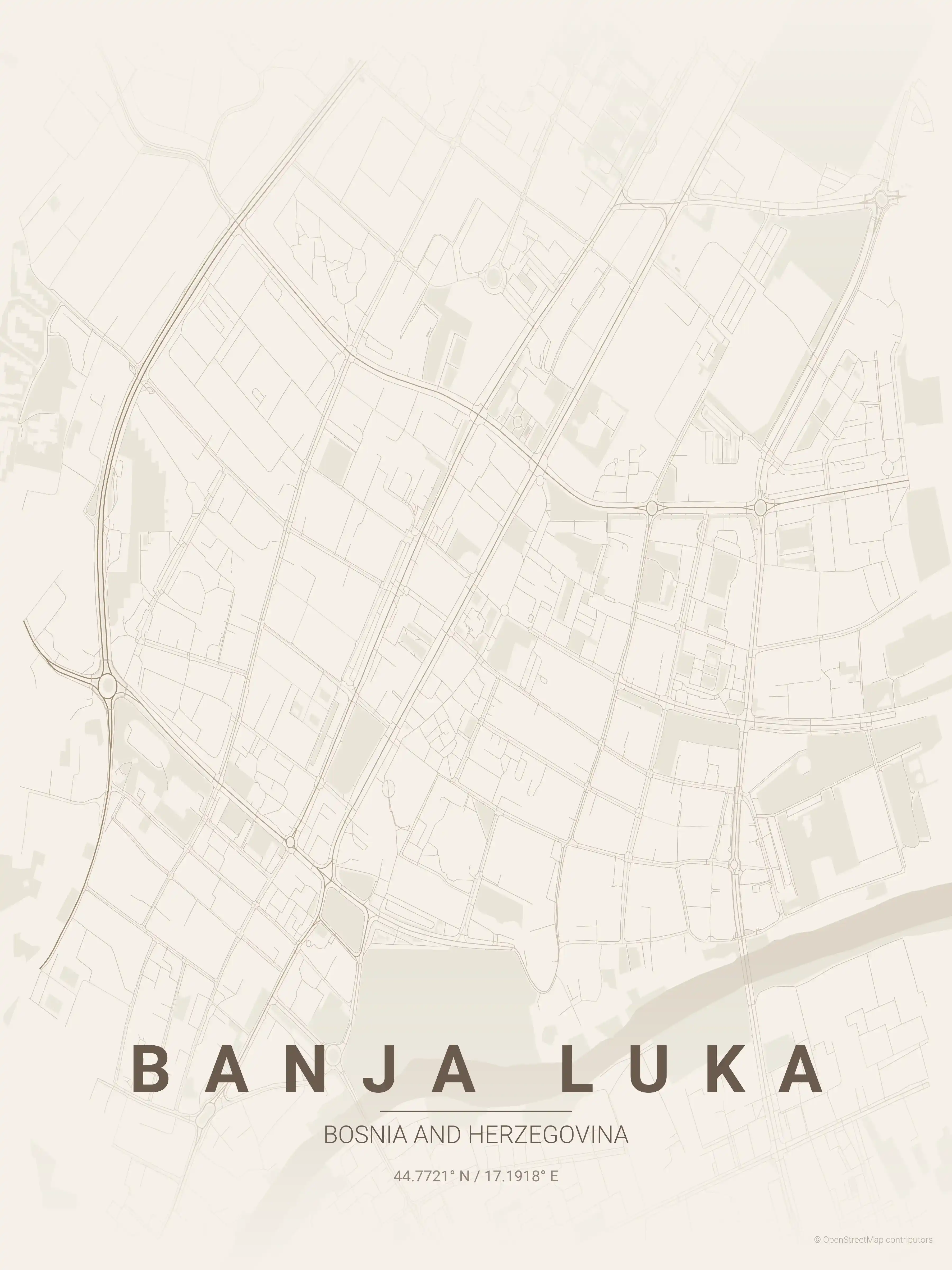 Minimalist warm_beige street map of Banja Luka, Bosnia and Herzegovina - Urban grid art
