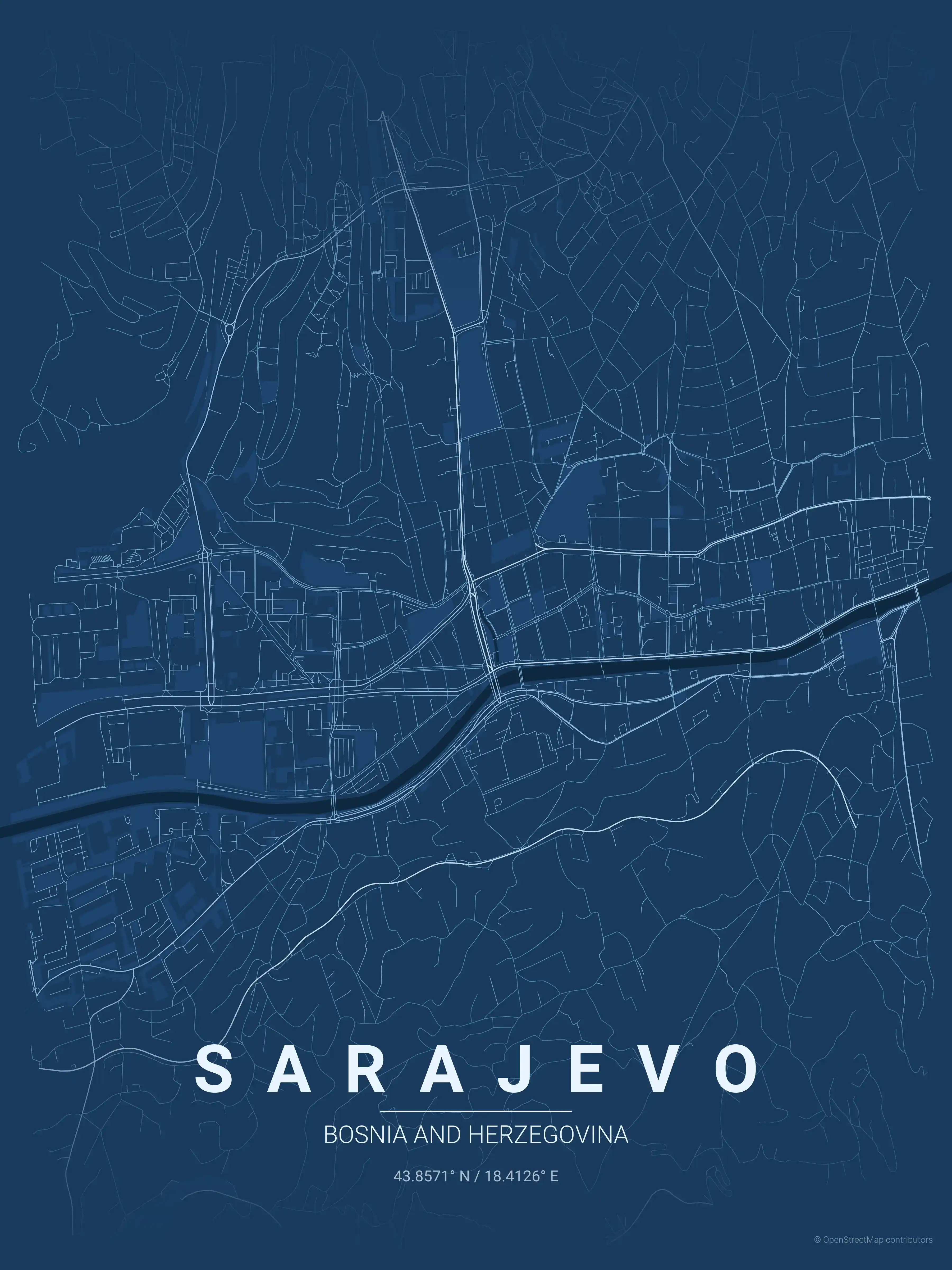 Minimalist blueprint street map of Sarajevo, Bosnia and Herzegovina - Urban grid art