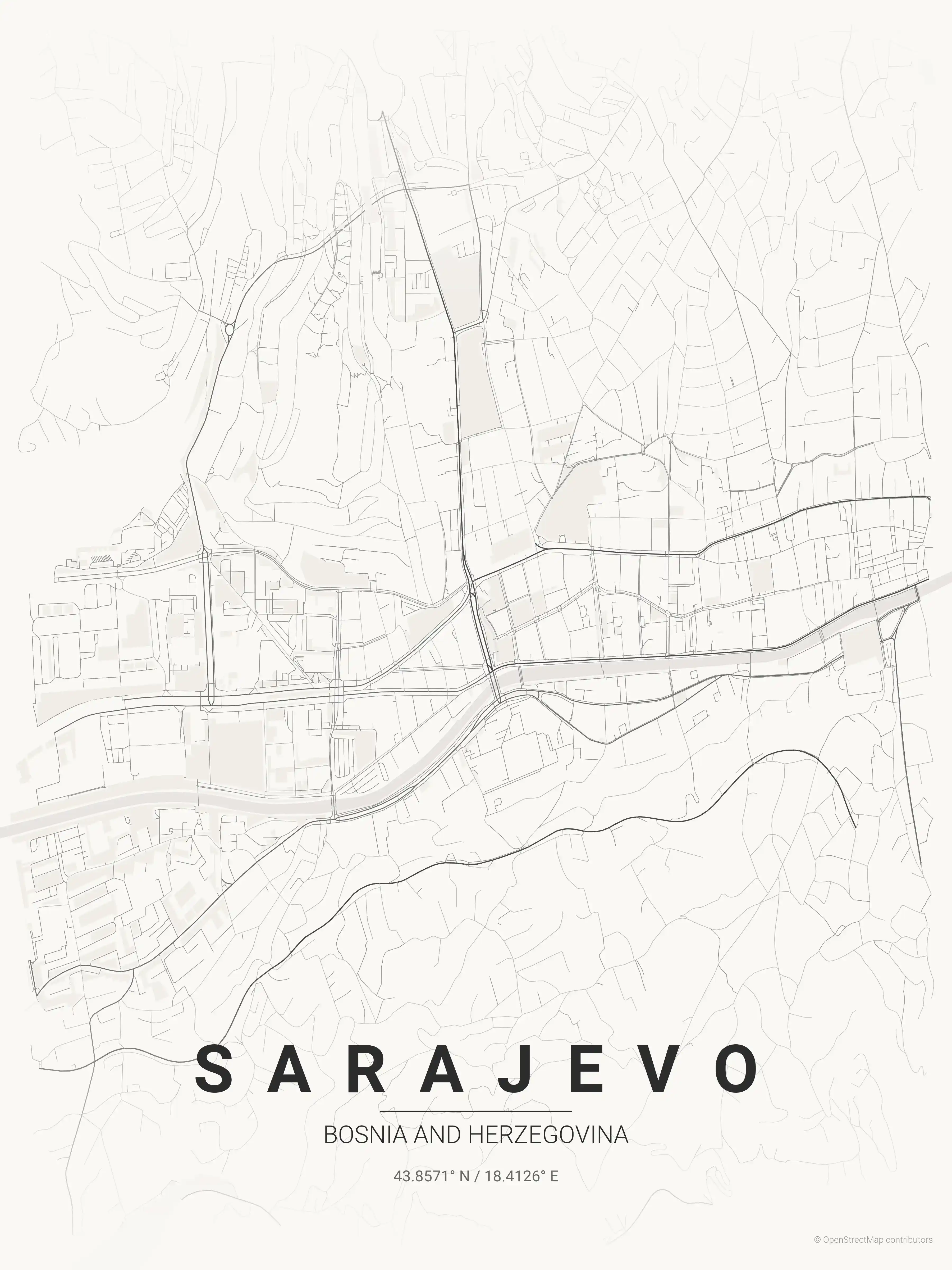 Minimalist japanese_ink street map of Sarajevo, Bosnia and Herzegovina - Urban grid art