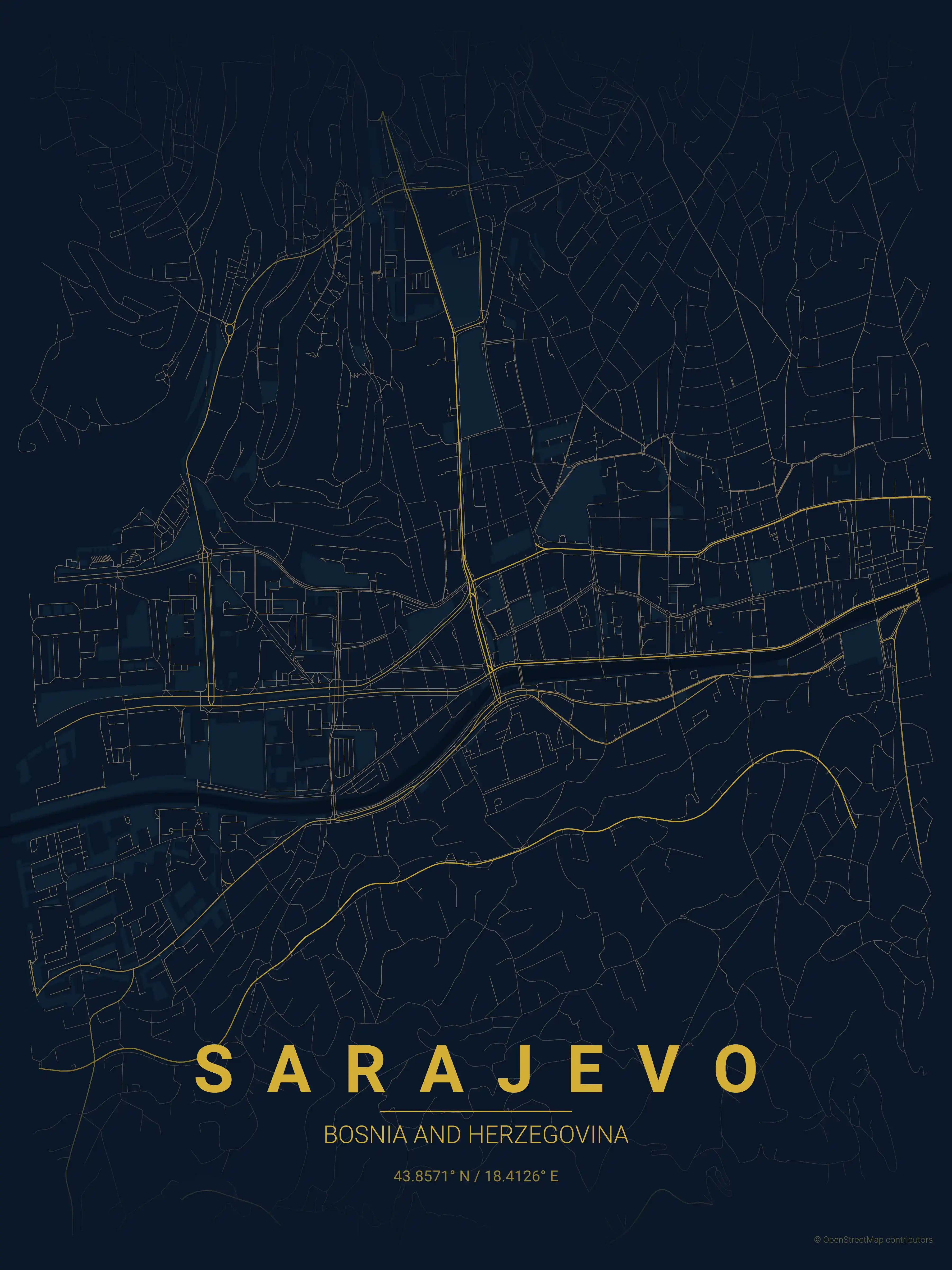 Minimalist midnight_blue street map of Sarajevo, Bosnia and Herzegovina - Urban grid art