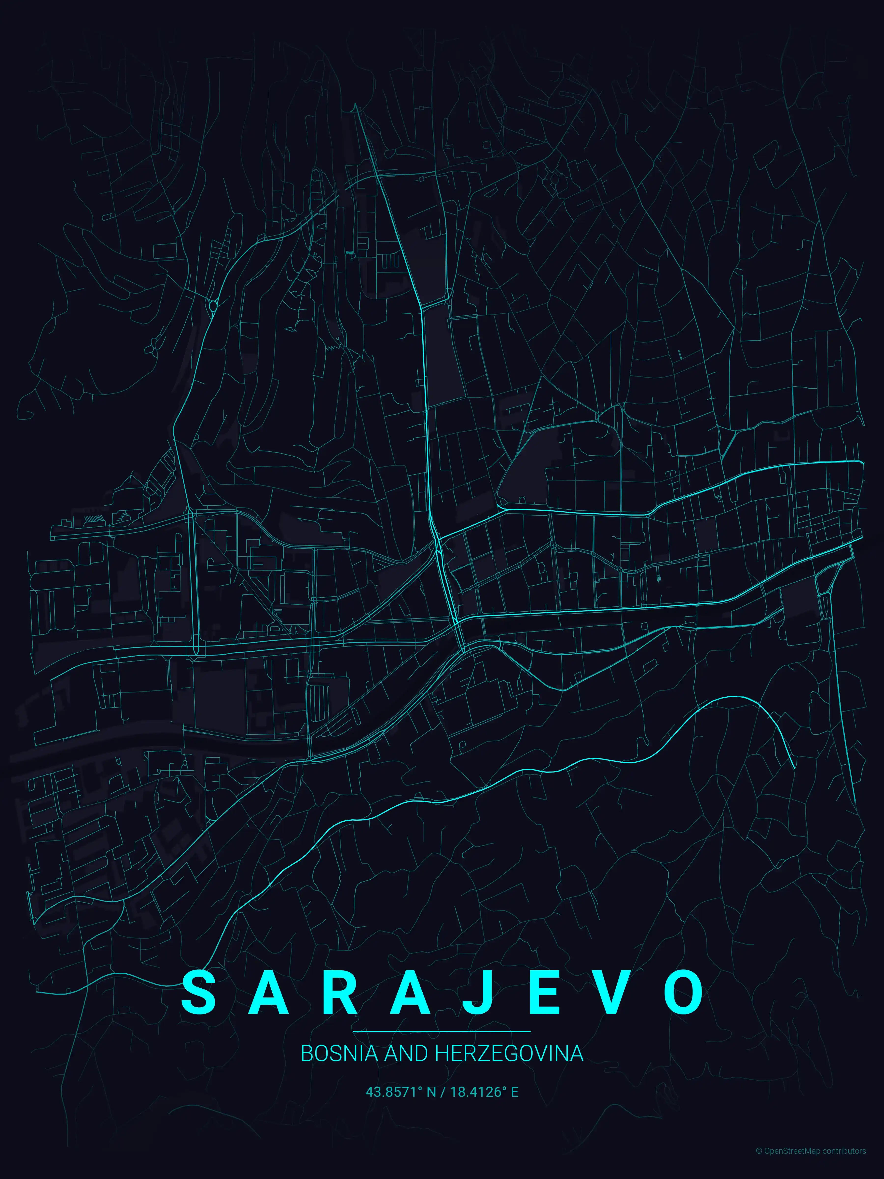 Minimalist neon_cyberpunk street map of Sarajevo, Bosnia and Herzegovina - Urban grid art