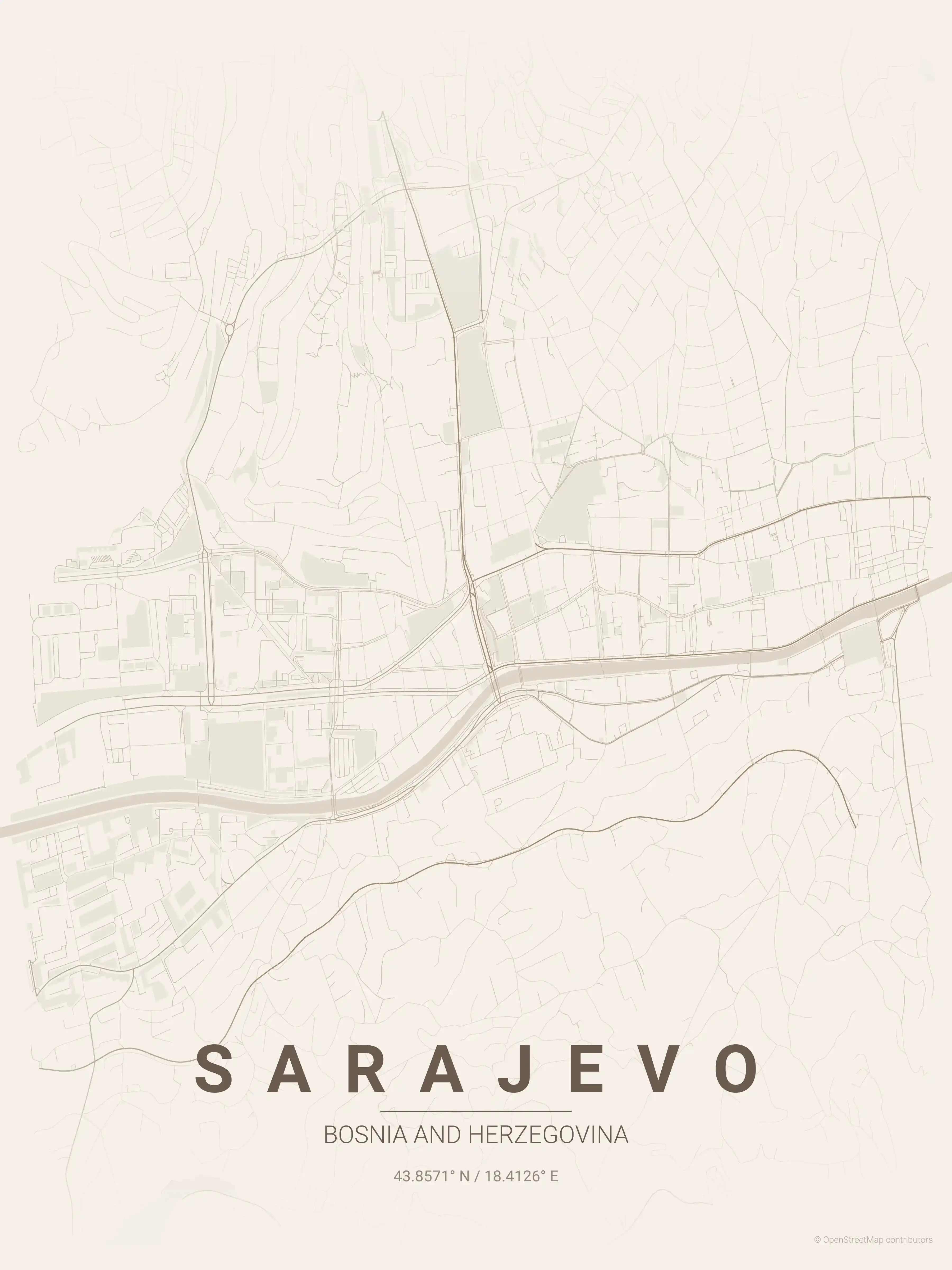 Minimalist warm_beige street map of Sarajevo, Bosnia and Herzegovina - Urban grid art