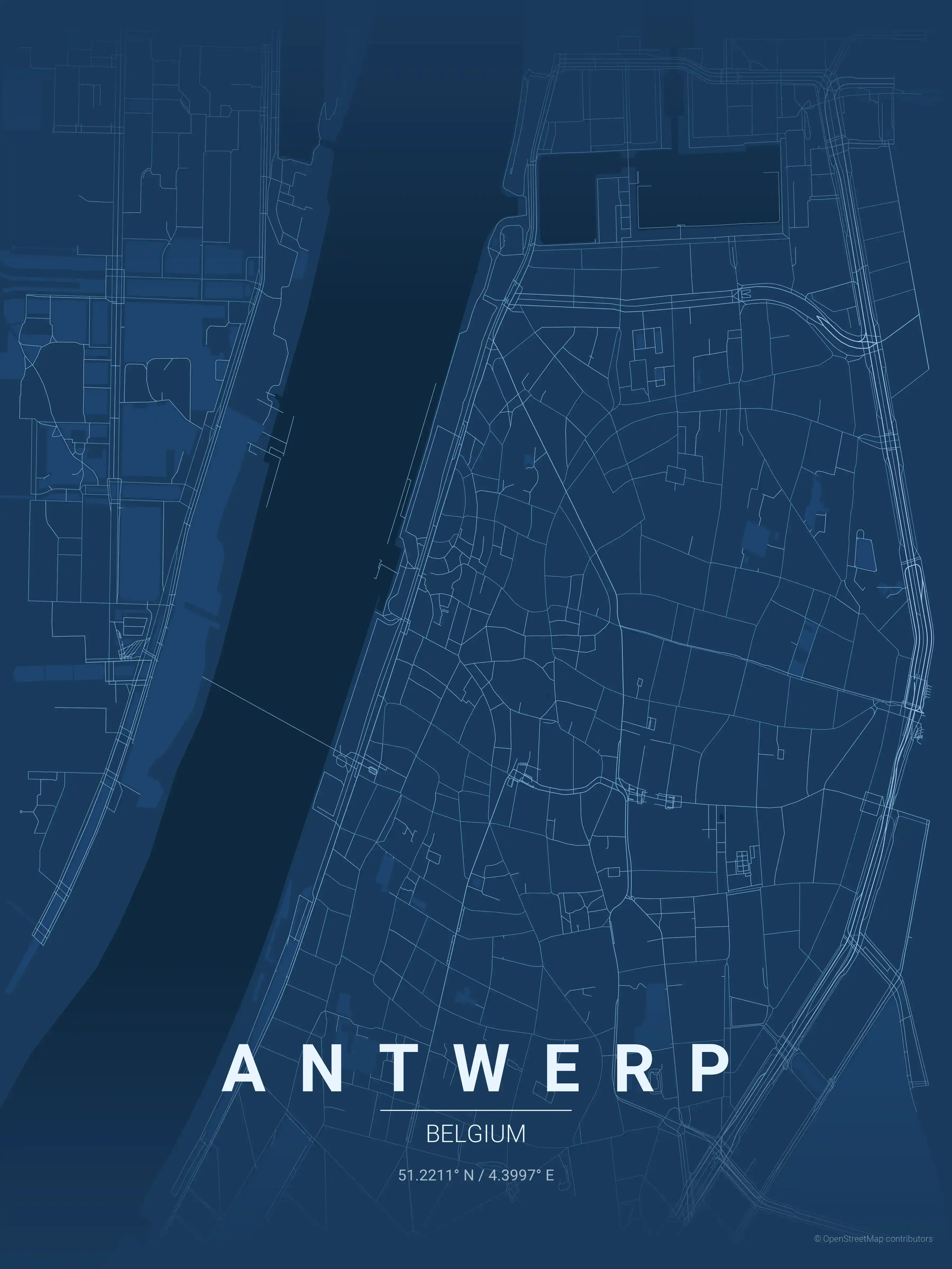 Minimalist blueprint street map of Antwerp, Belgium - Urban grid art