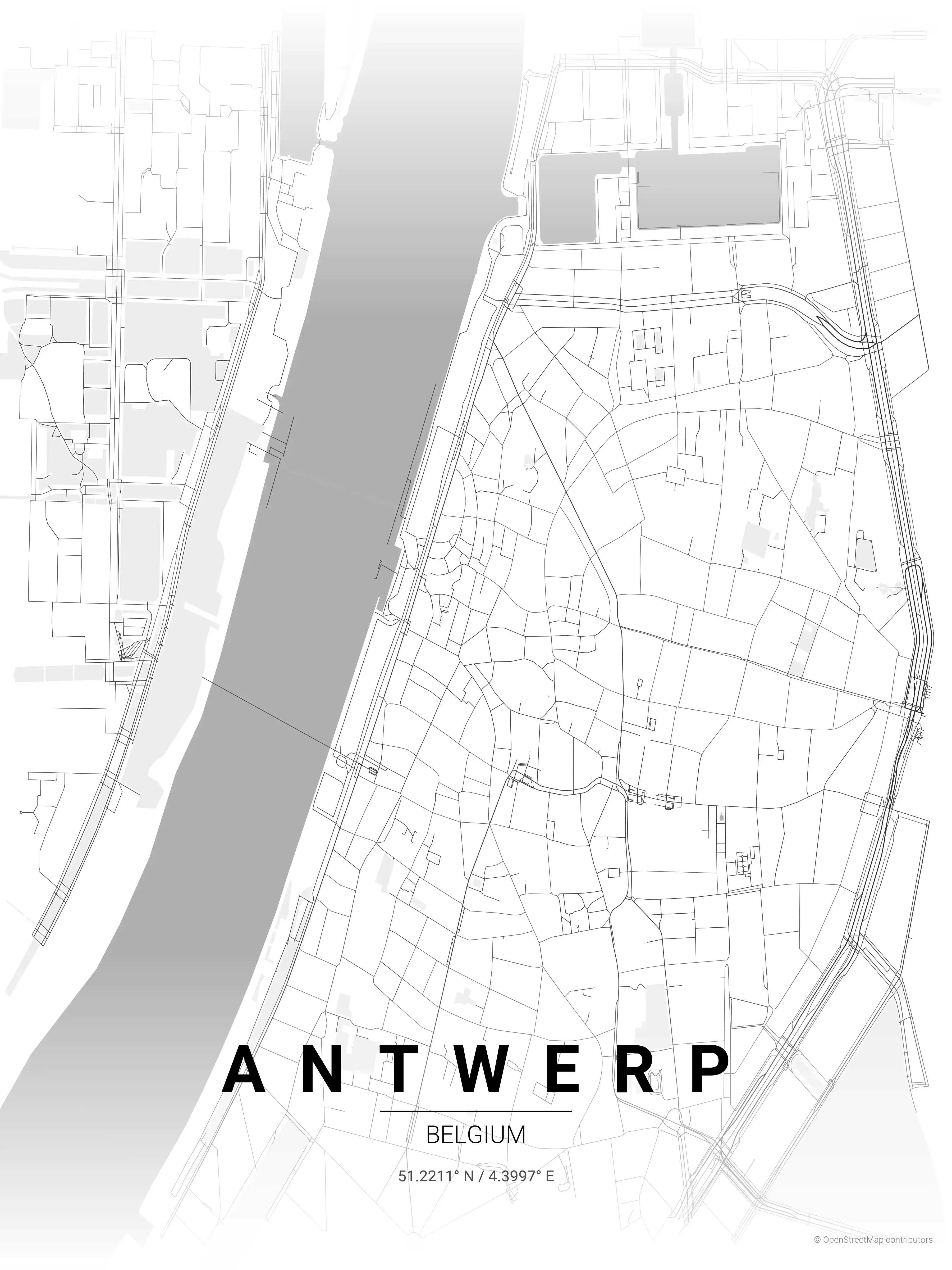 Minimalist contrast zones street map of Antwerp, Belgium